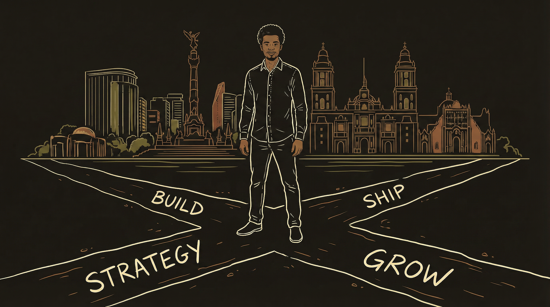 Protagonist standing at the intersection of strategy, build, ship, and grow — four paths leading outward from a single point