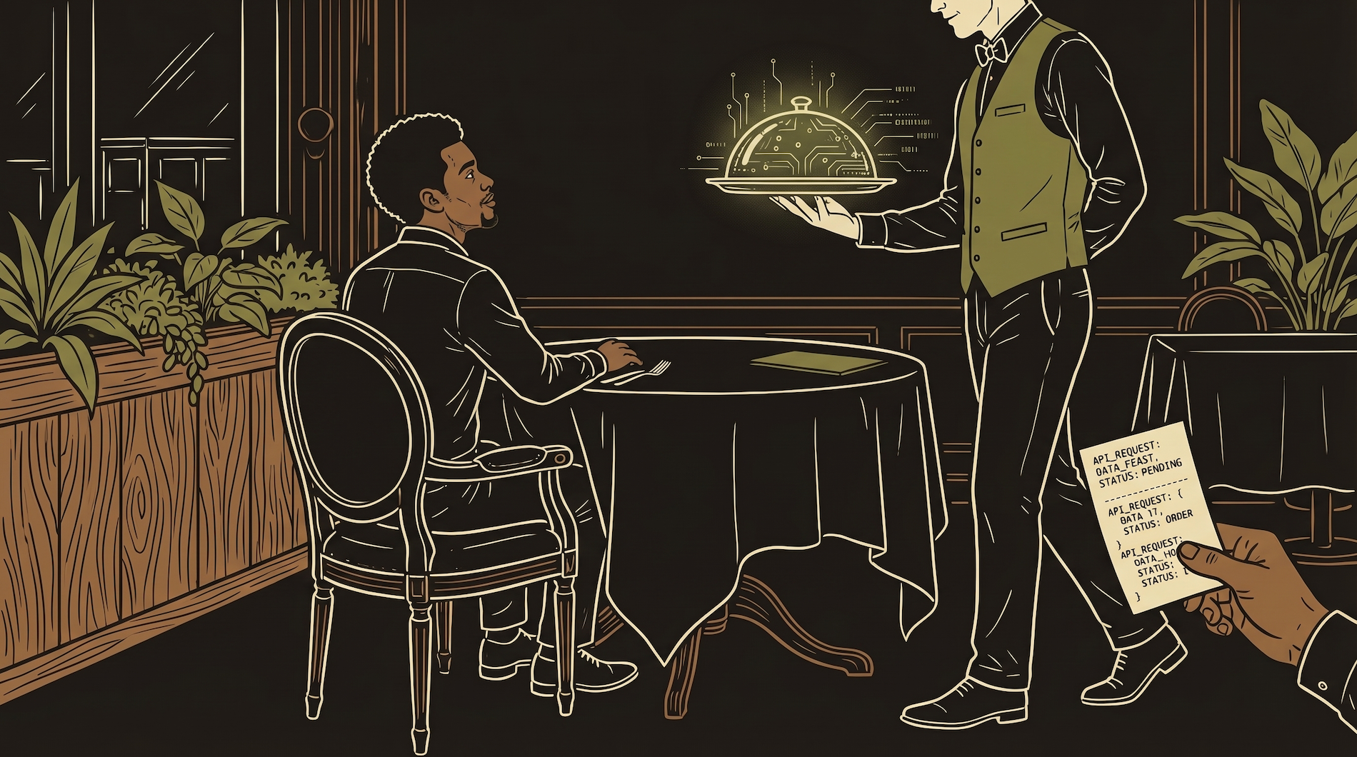 Protagonist at a restaurant placing an order with a waiter — the waiter represents the API carrying the request to the kitchen