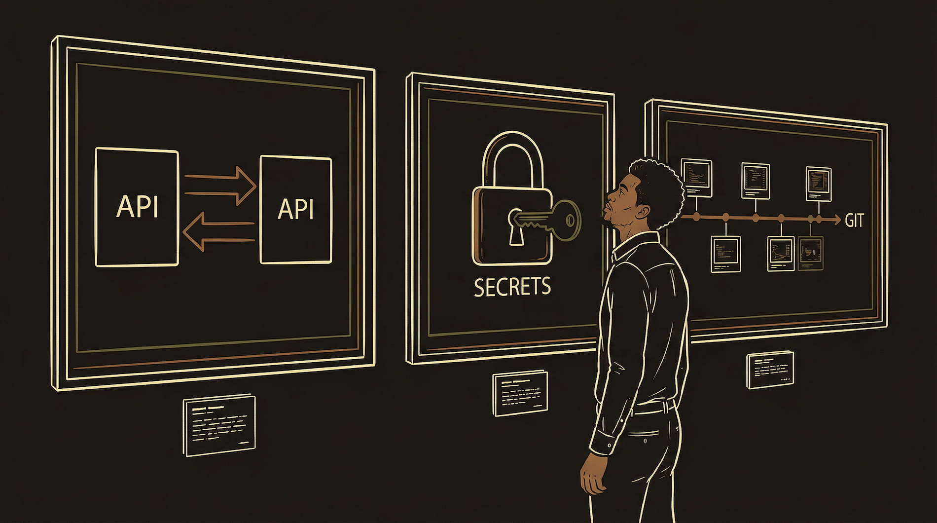 Protagonist at a desk with three objects in front of him — a menu (API), a membership card (key), and a recipe binder (GitHub) — each connected by arrows