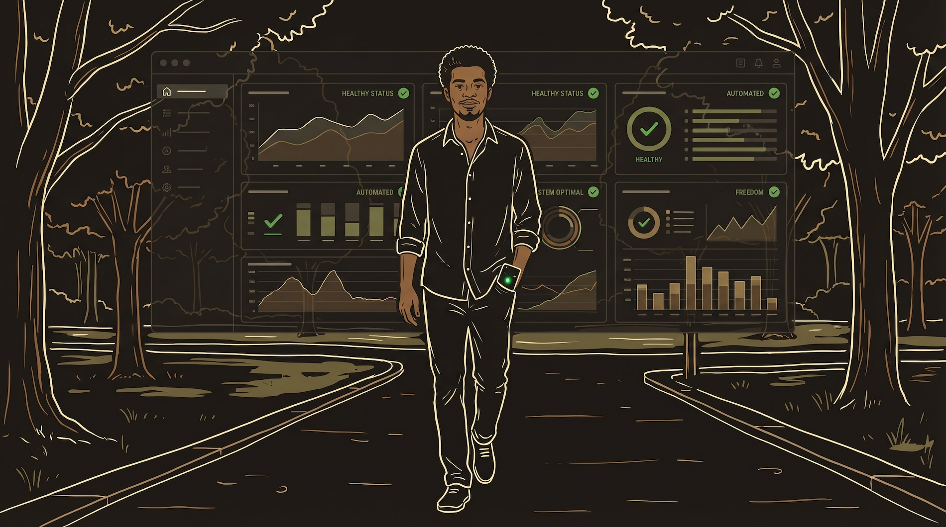 Protagonist at a command center with multiple screens showing green status dashboards, phone on desk ready to buzz
