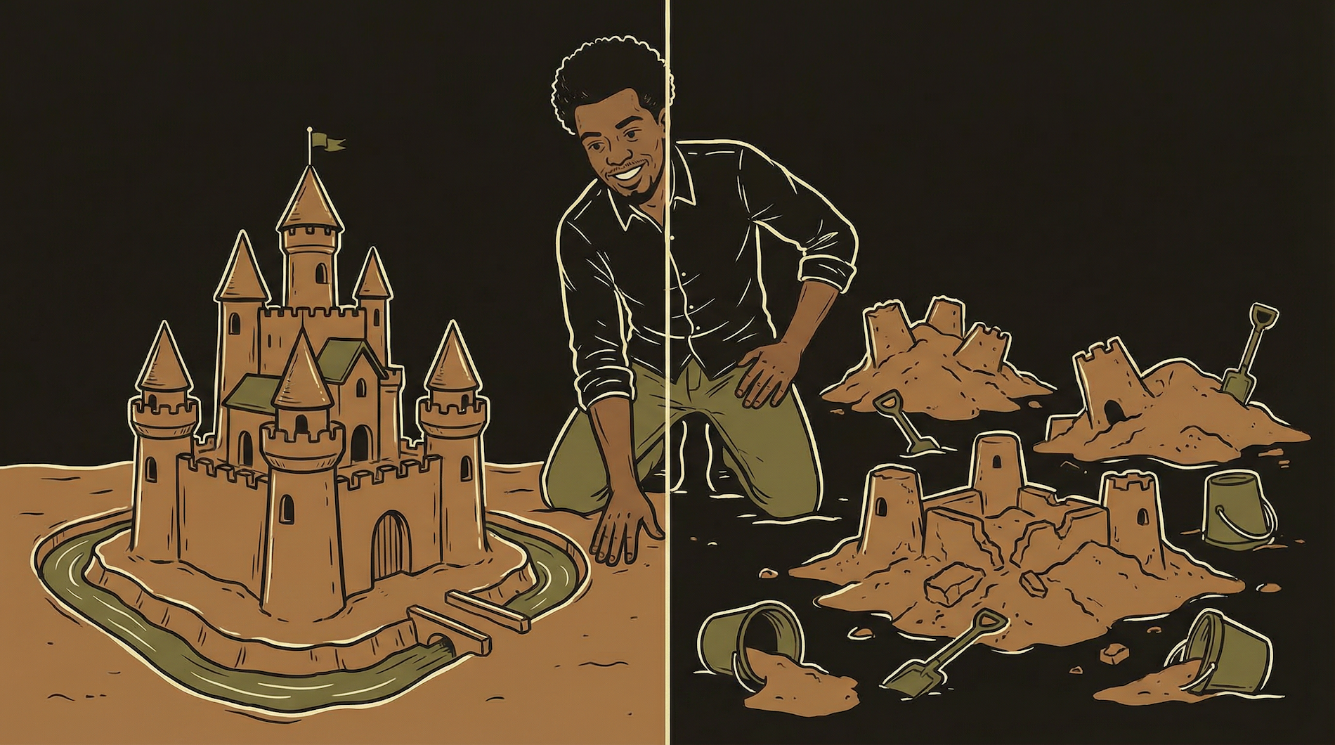Split image — calm production kitchen versus chaotic sandbox
