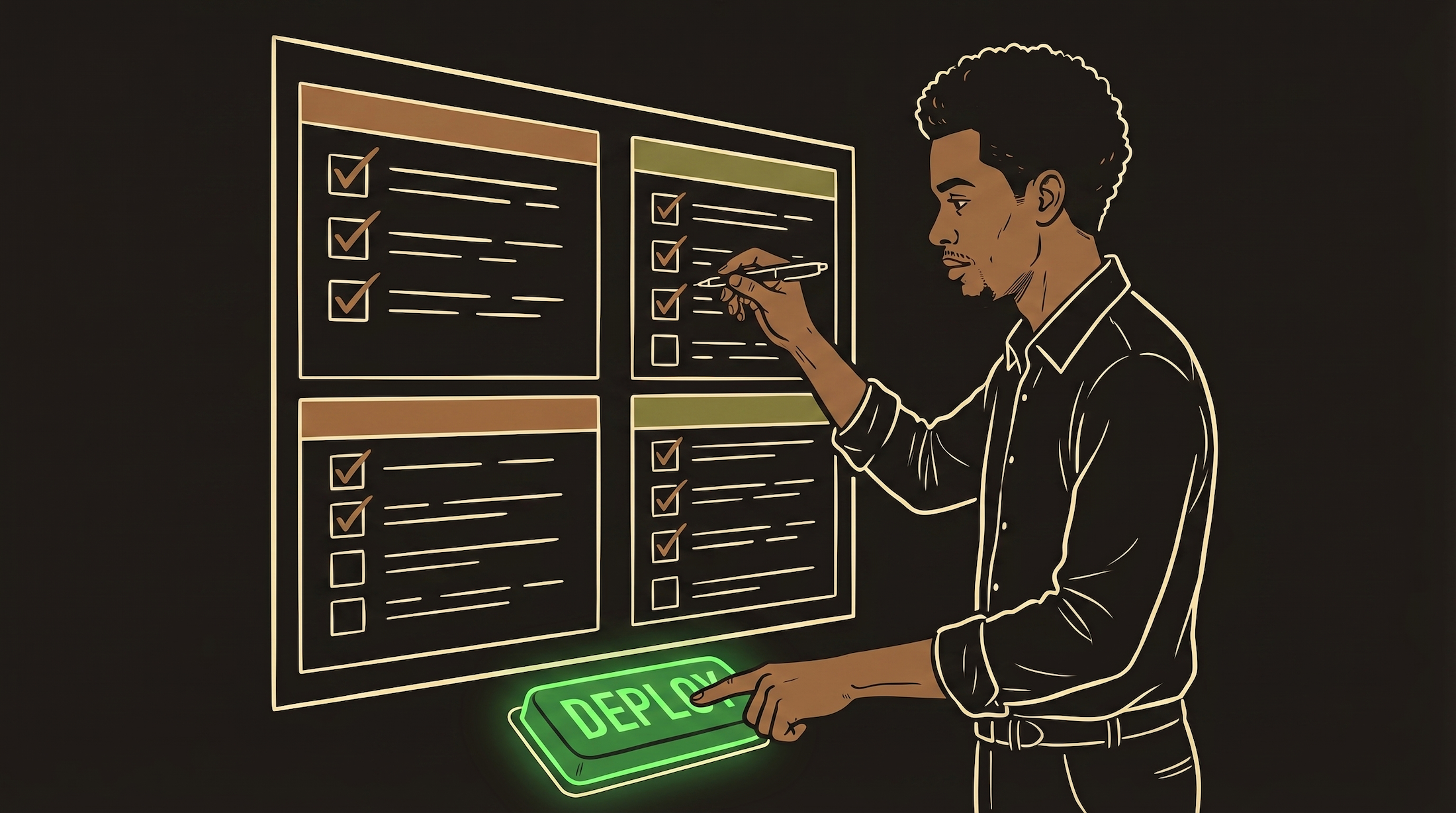 Protagonist running through a pre-flight checklist before deploying — methodical, calm, thorough