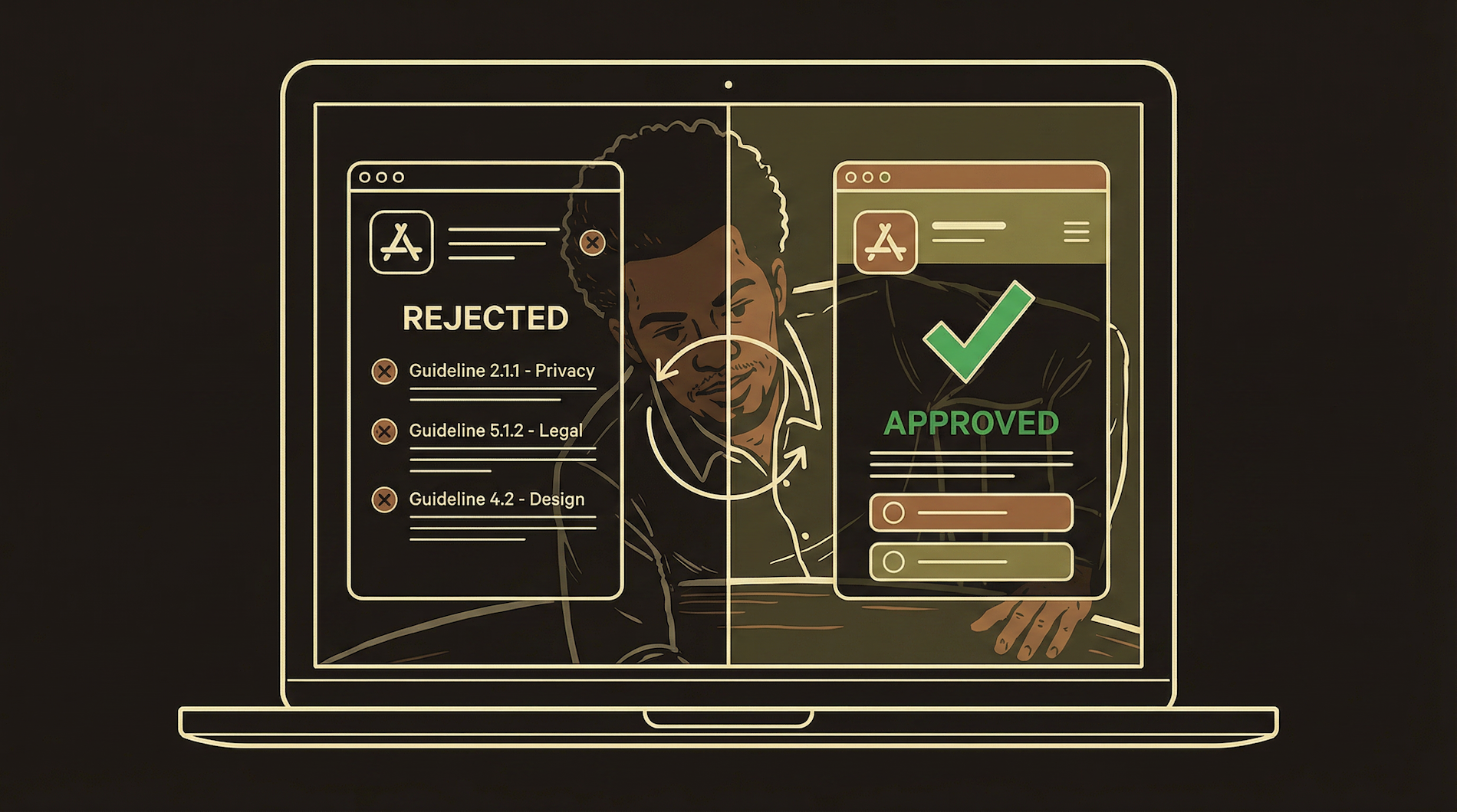 Protagonist reading an App Store rejection notice — the inevitable first rejection