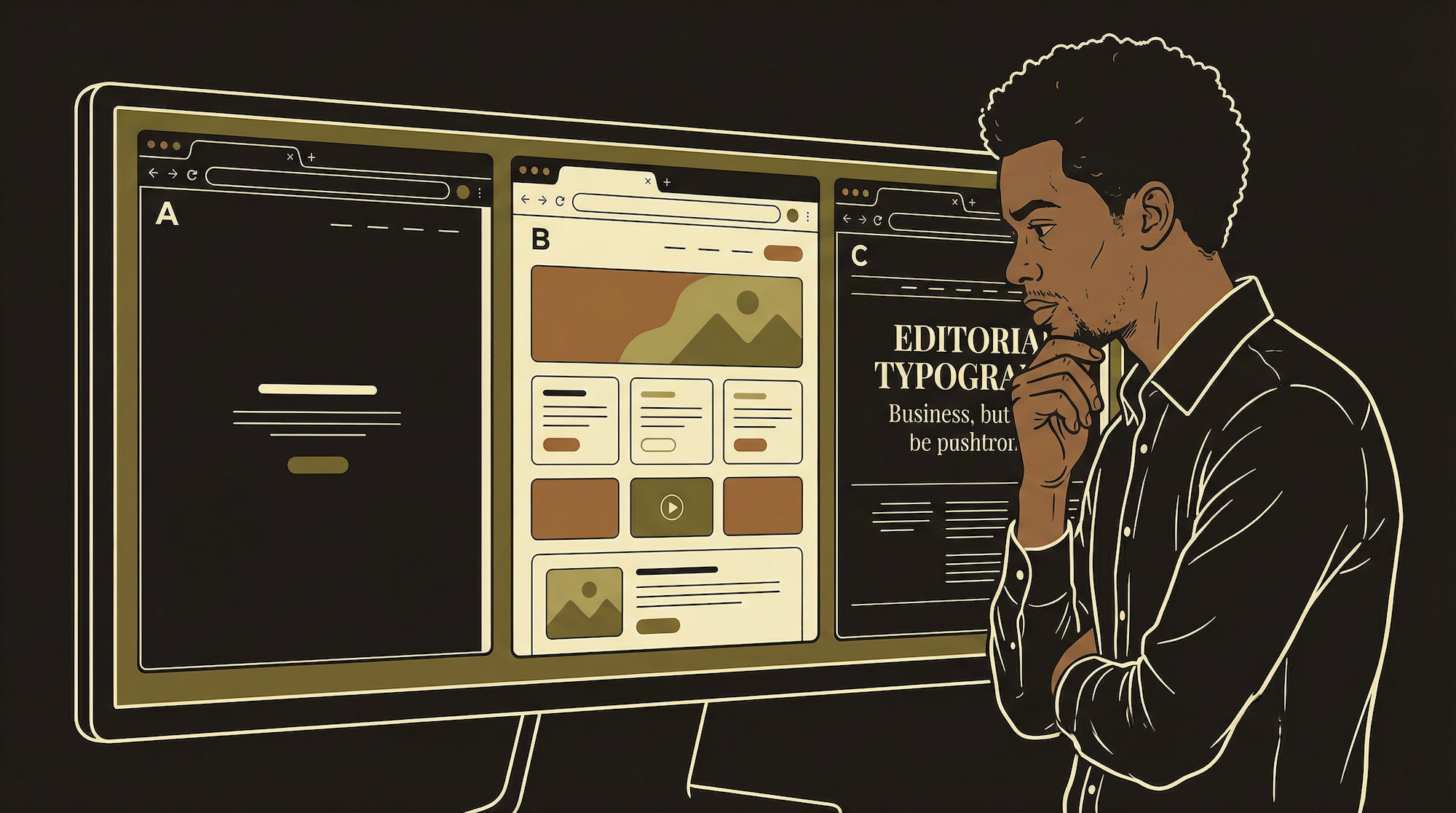 Protagonist reviewing three AI-generated mockup options side by side