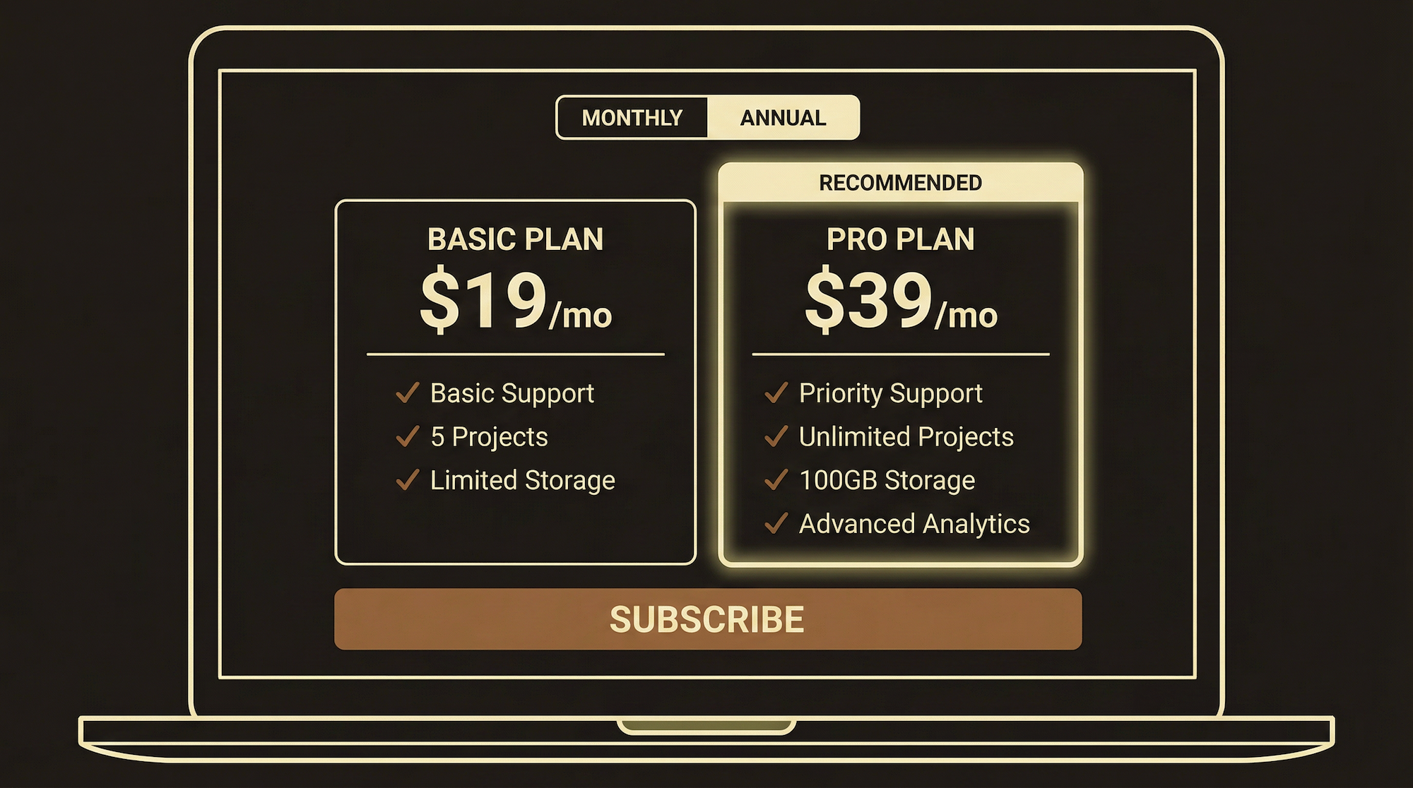 Pricing page with monthly/annual toggle and clear plan comparison