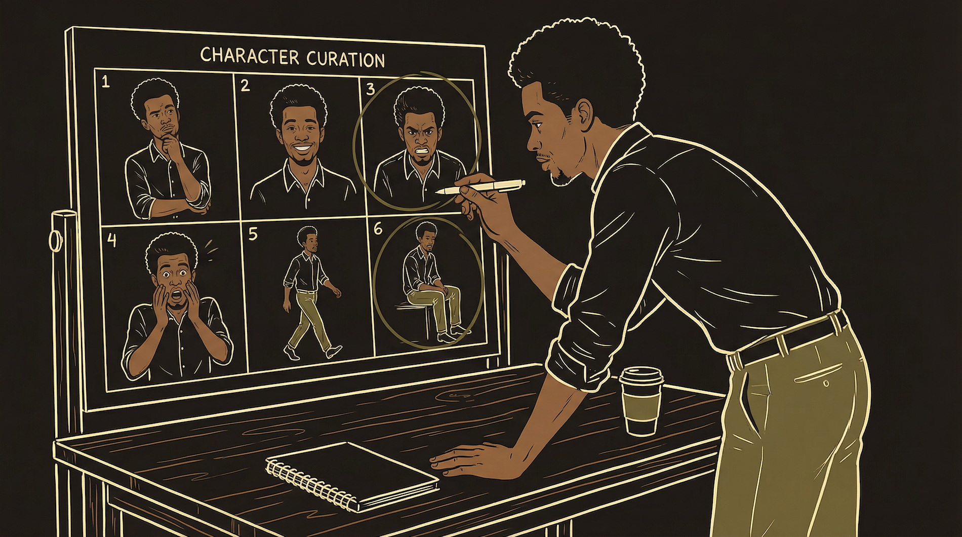 Character reference grid — 6-8 locked reference images keeping a character consistent across scenes