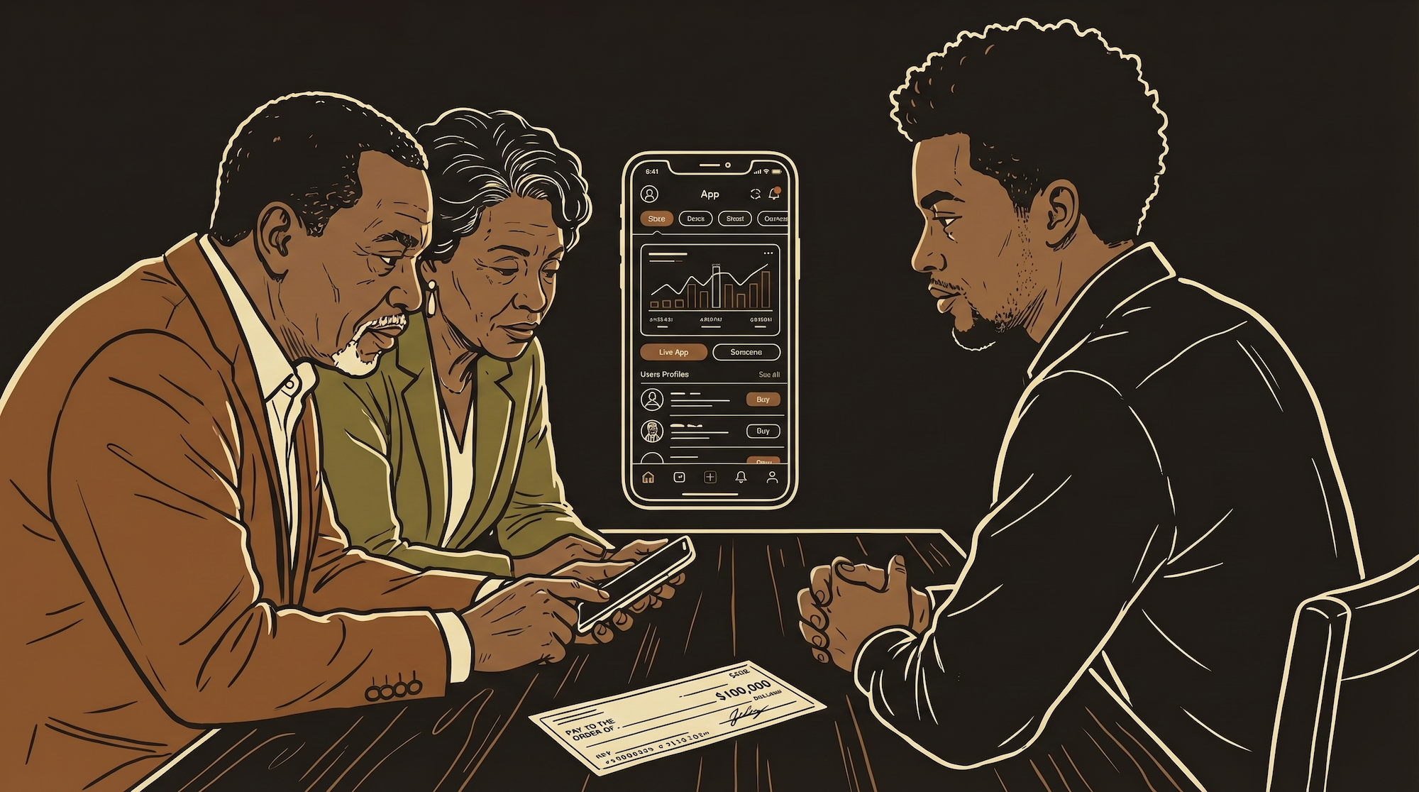 Protagonist presenting a live product demo to investors across a table — showing the working app, not slides