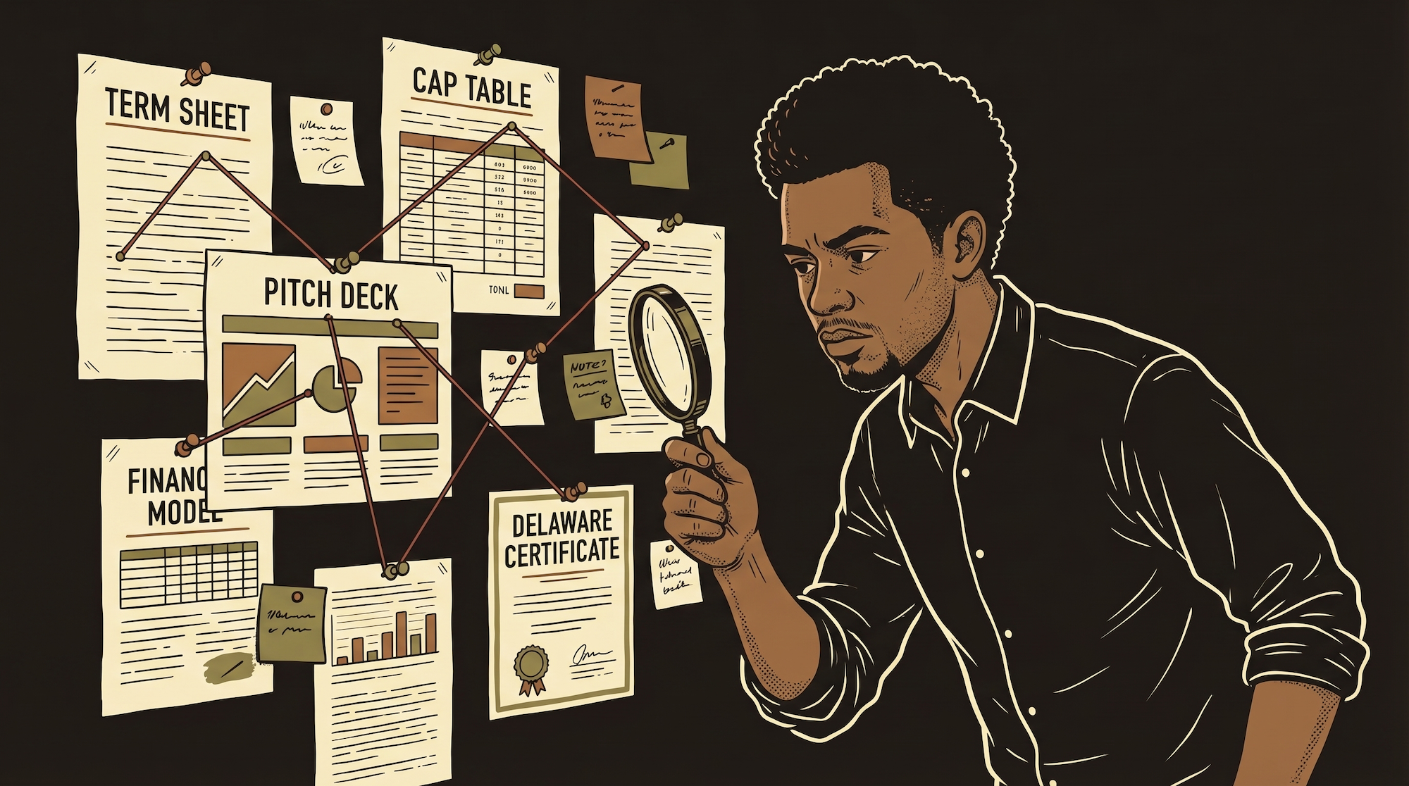 Protagonist presenting a cap table diagram to investors