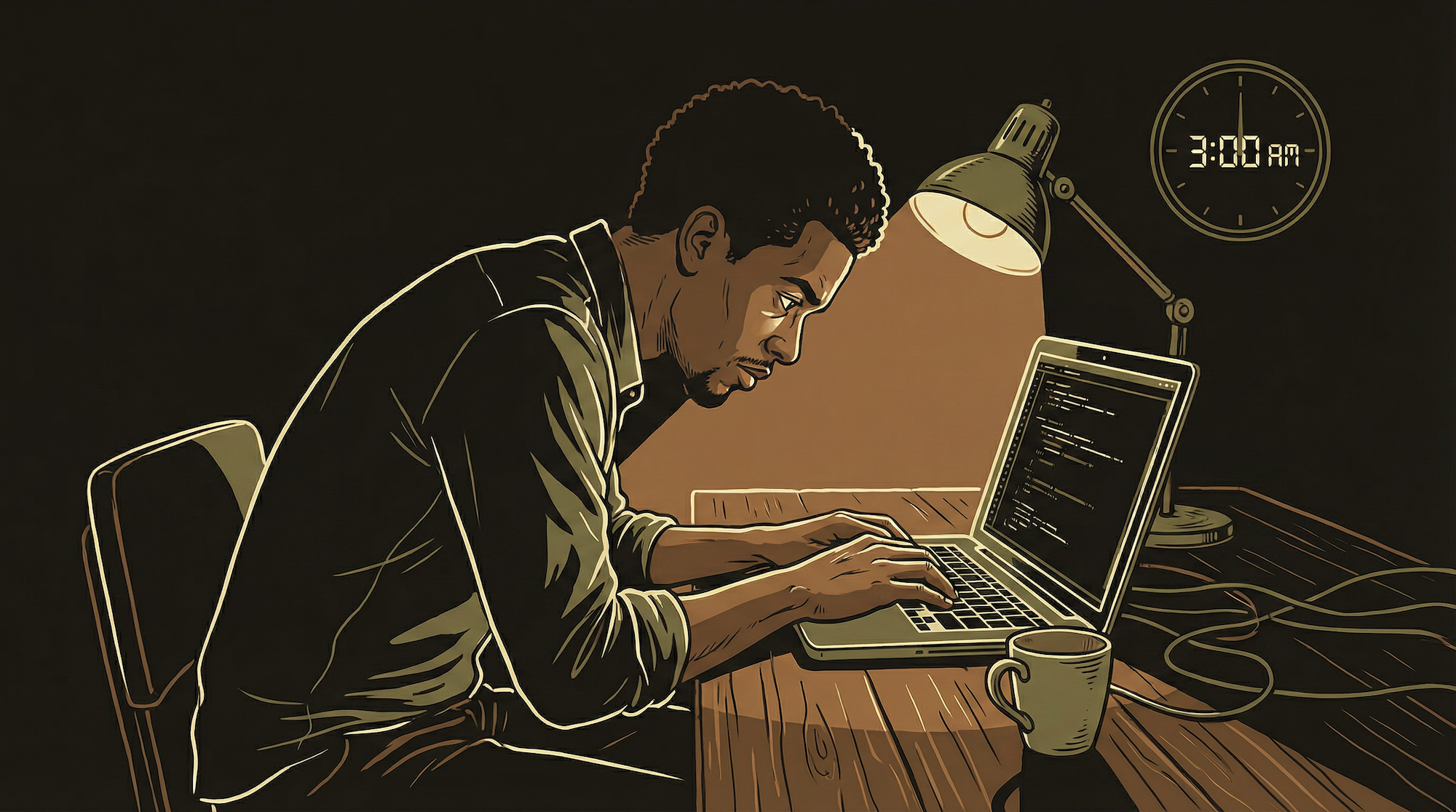 Protagonist debugging code late at night with a single desk lamp — the lessons that only come from doing it wrong first