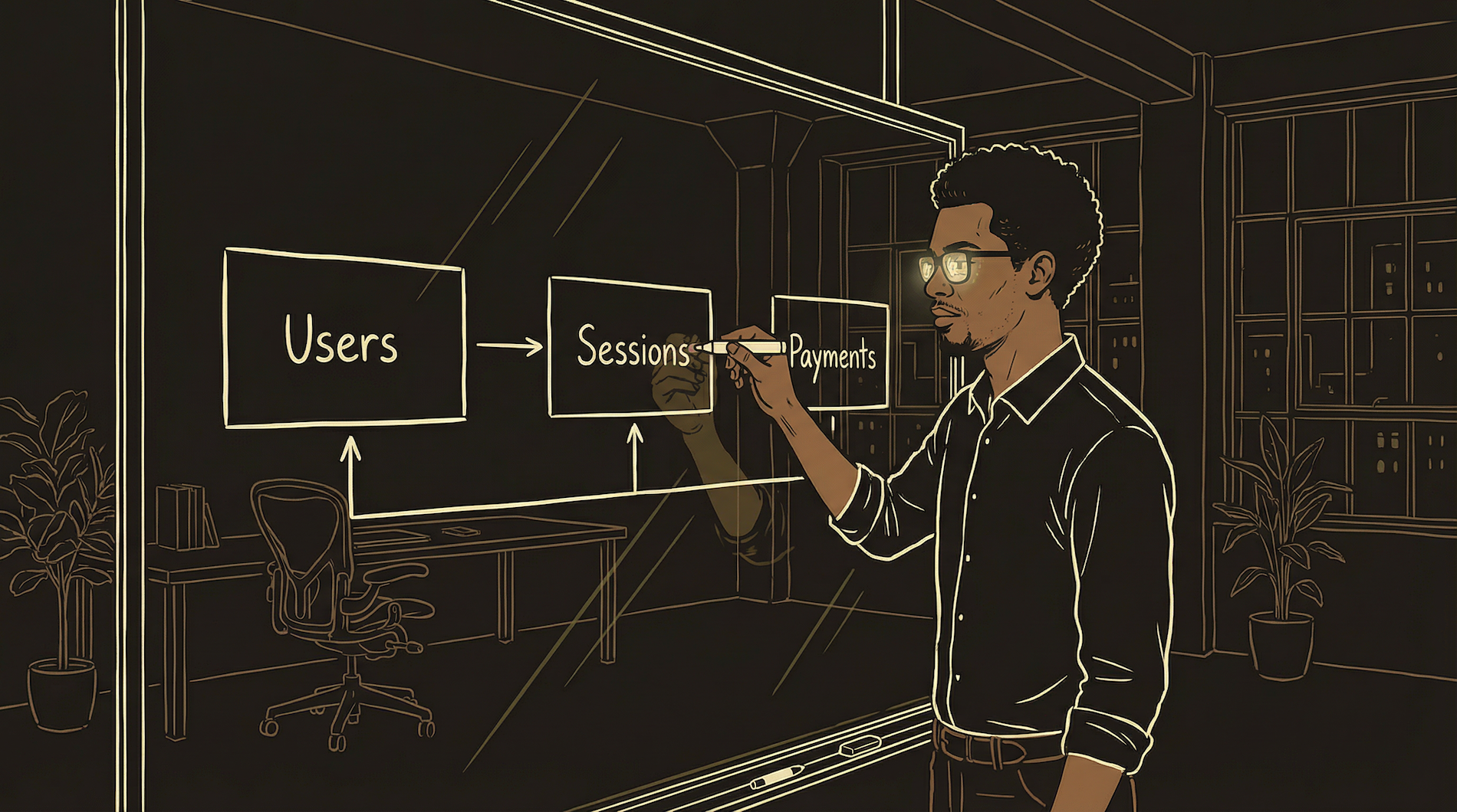 Protagonist at whiteboard mapping the three core tables — Users, Core Action, Payments