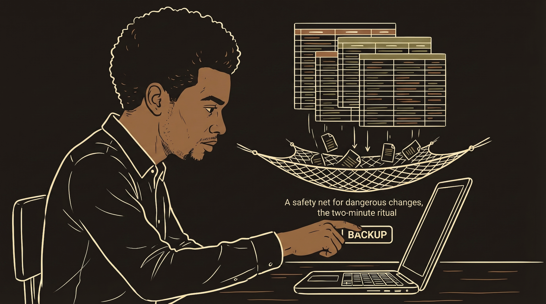 Protagonist reviewing backup dashboard before a dangerous migration