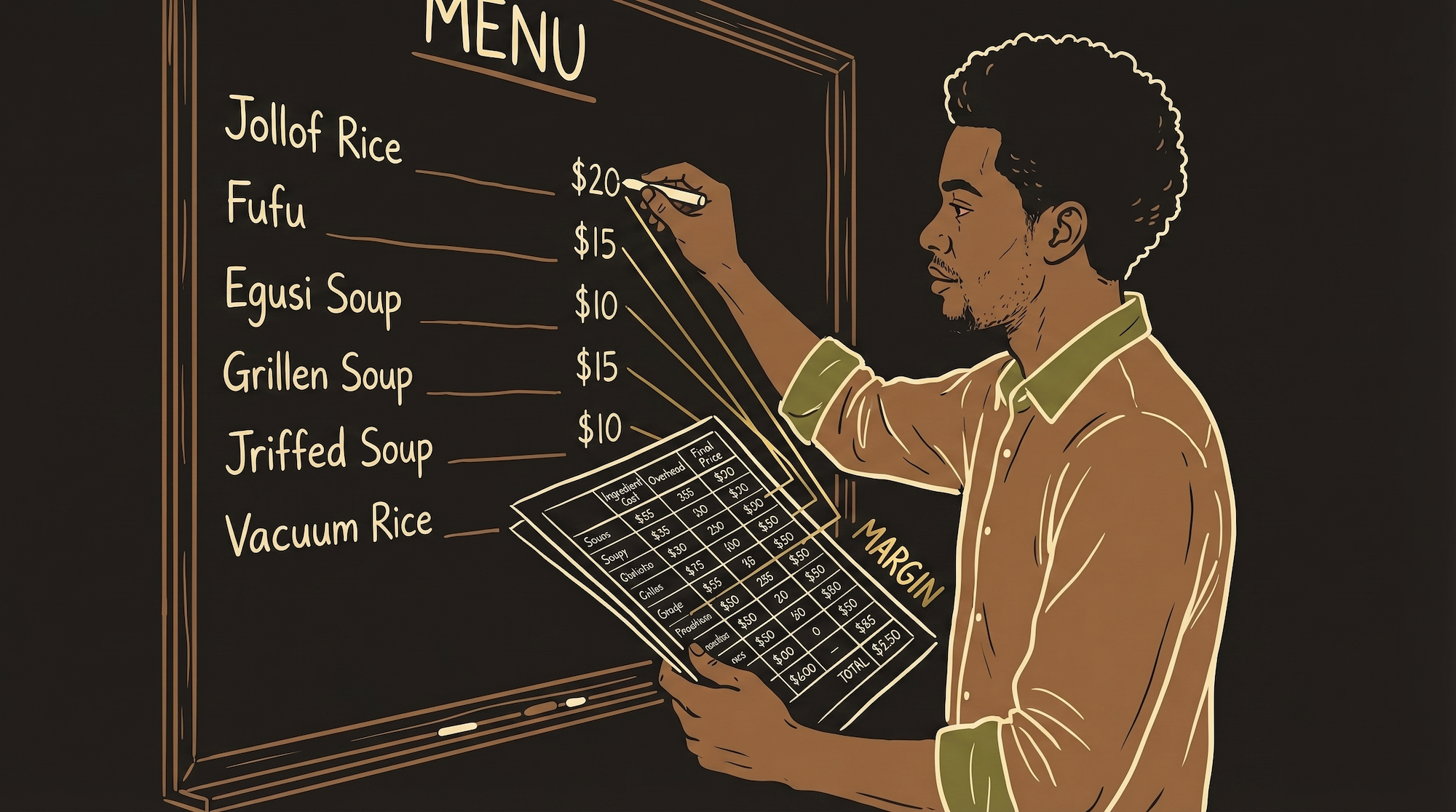Protagonist calculating food costs for each dish on a restaurant menu — ingredients laid out with price tags