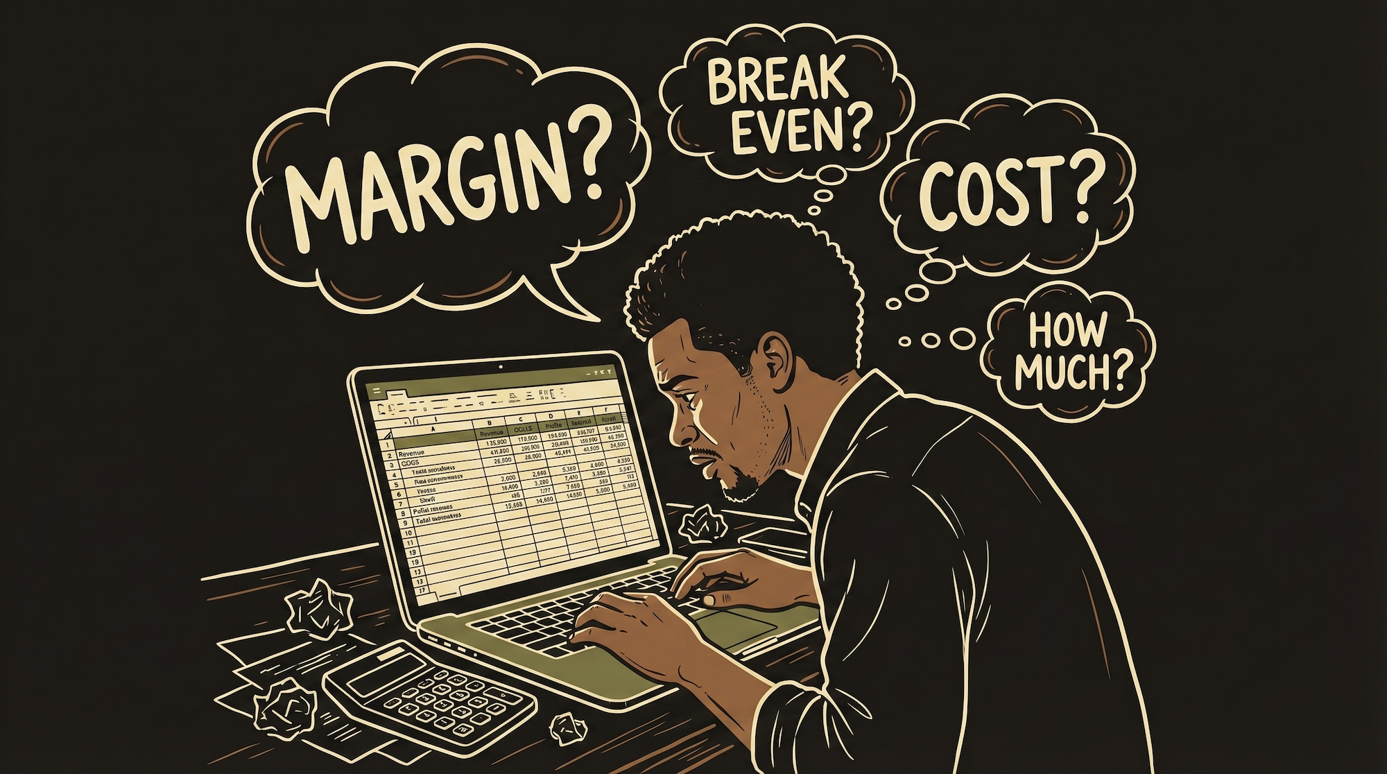 Protagonist at a desk with a pricing spreadsheet open — calculating costs, margins, and break-even points