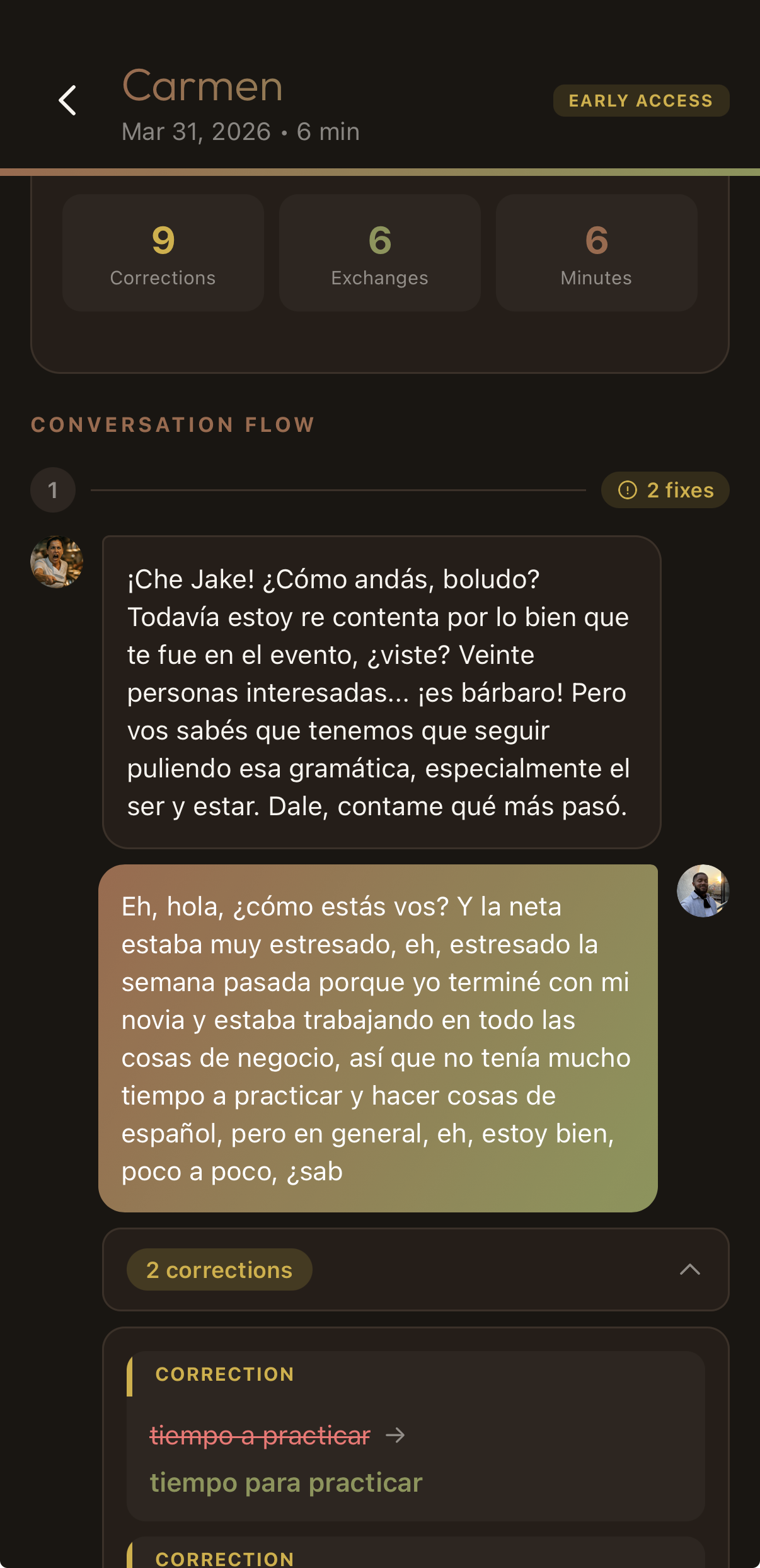 Conversation review with corrections