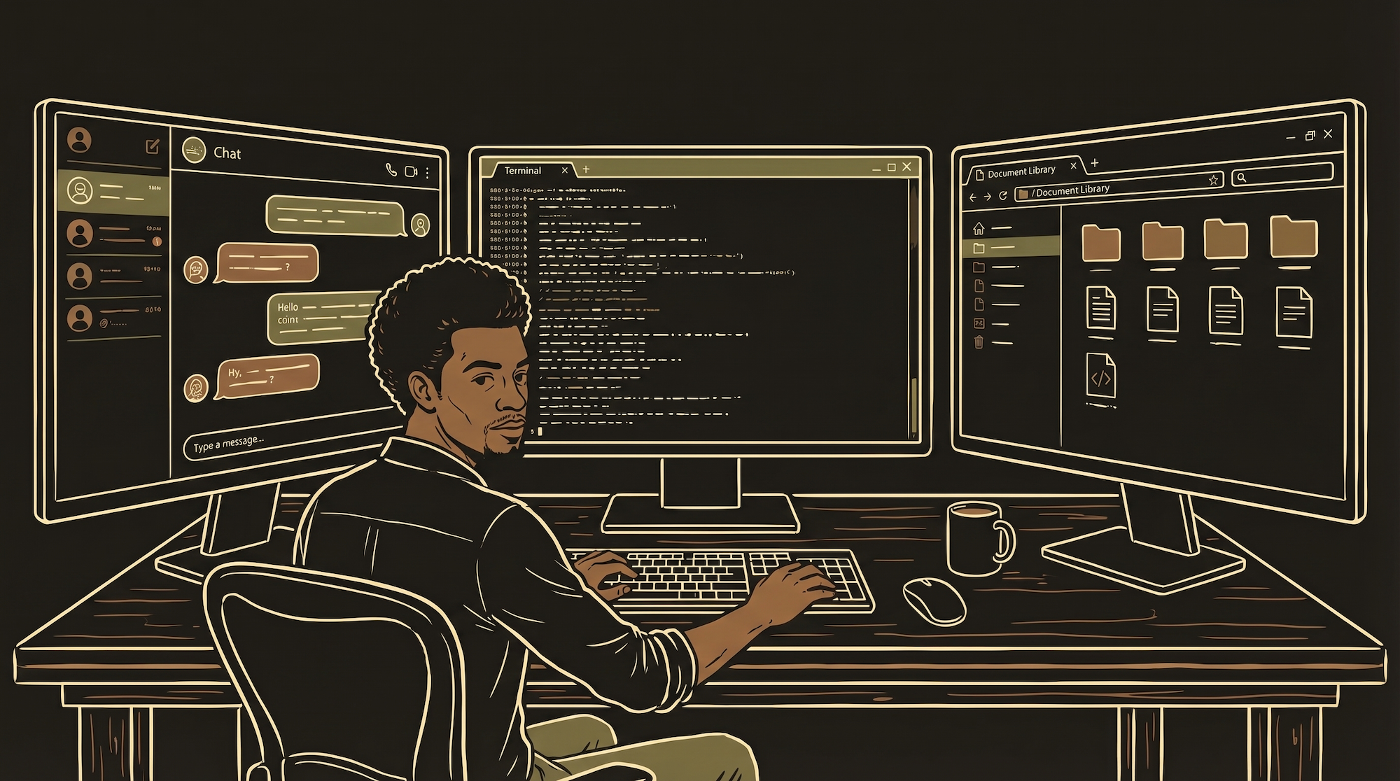 Protagonist at a command center with multiple Claude interfaces open — chat, code terminal, and project docs side by side