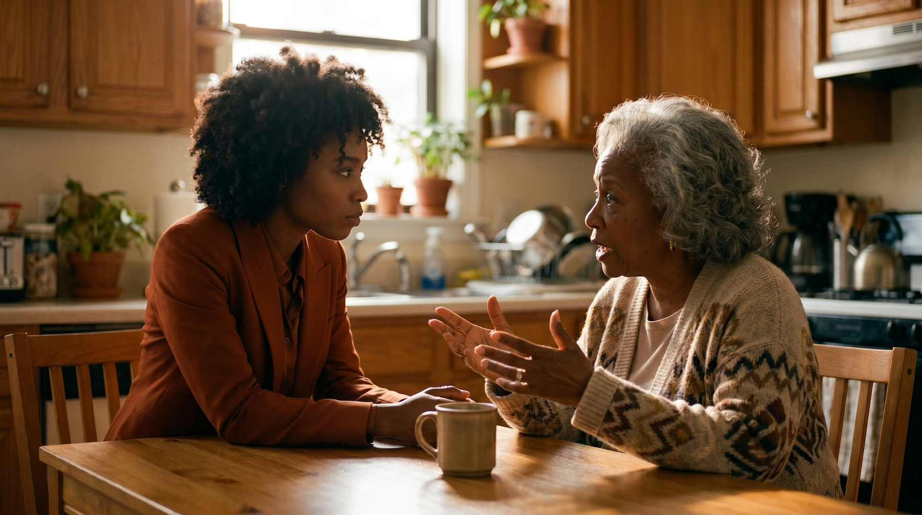 Two people in conversation at a warm bar setting