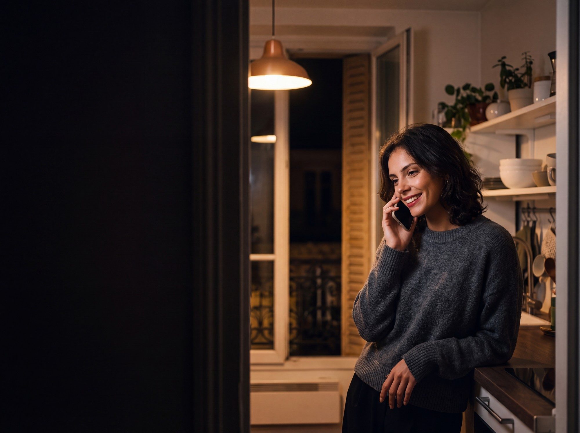 Amélie at home in Paris at night, phone to her ear, smiling
