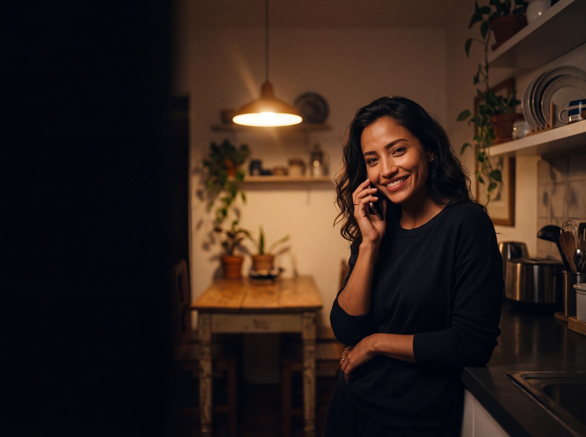 Valentina in her kitchen in Mexico City at night, phone to her ear, smiling