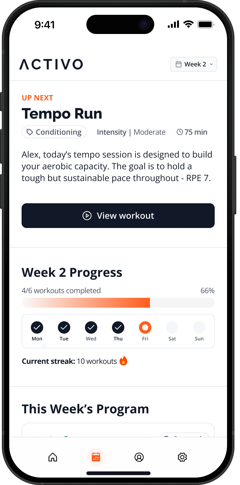 Activo AI app for Hybrid Athletes dashboard view.