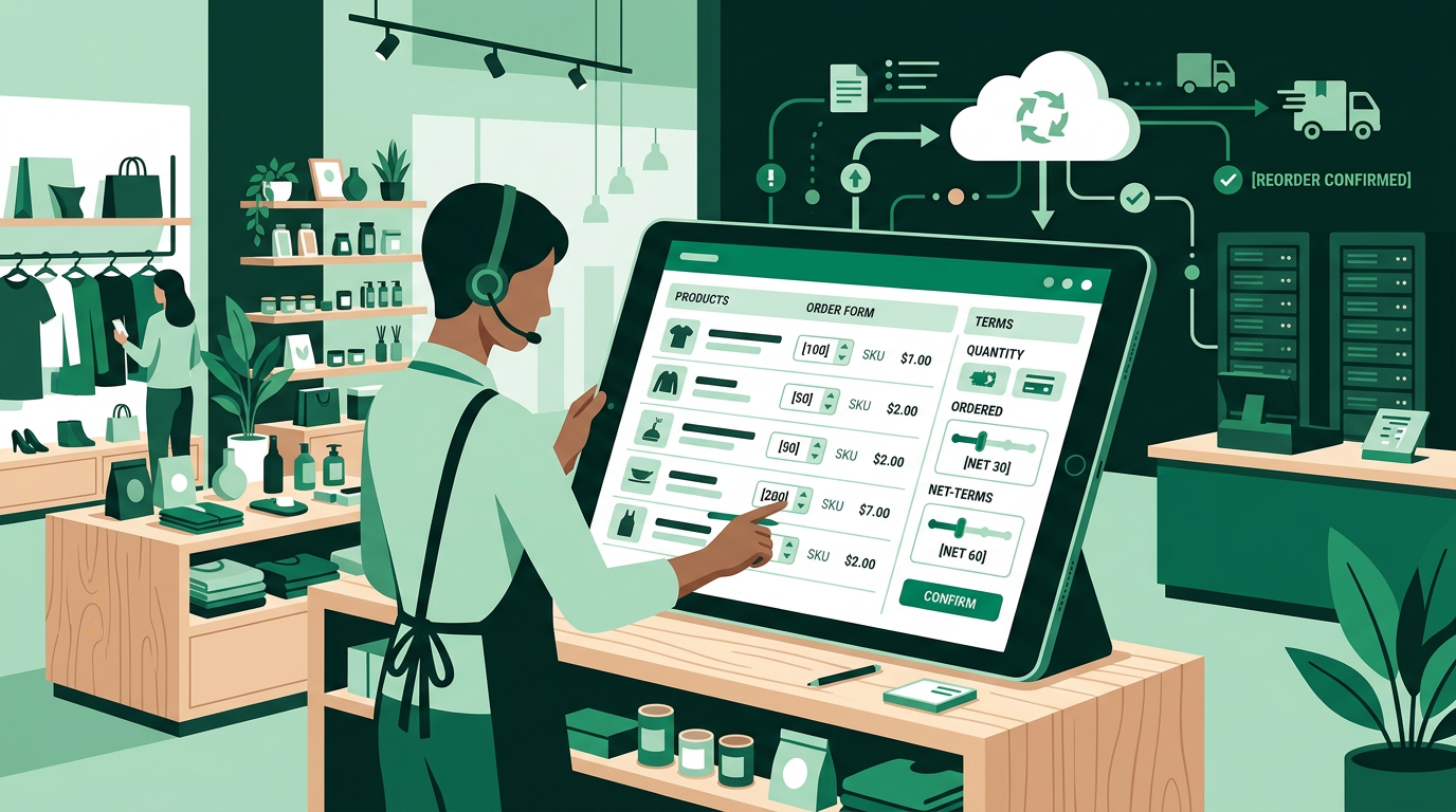 Retail buyer placing a wholesale reorder through a streamlined ordering dashboard on a tablet