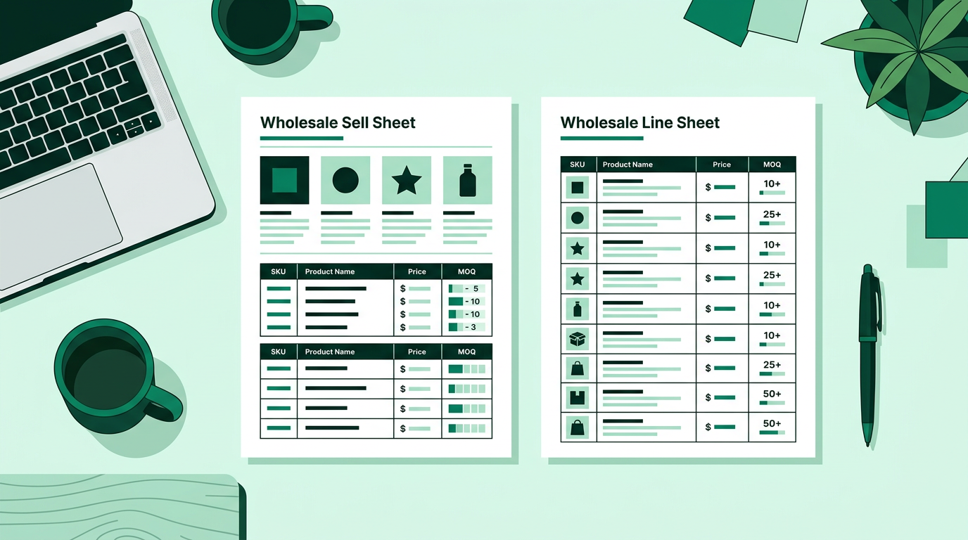 Wholesale sell sheet and line sheet layout with product thumbnails, prices, and minimum order quantity fields