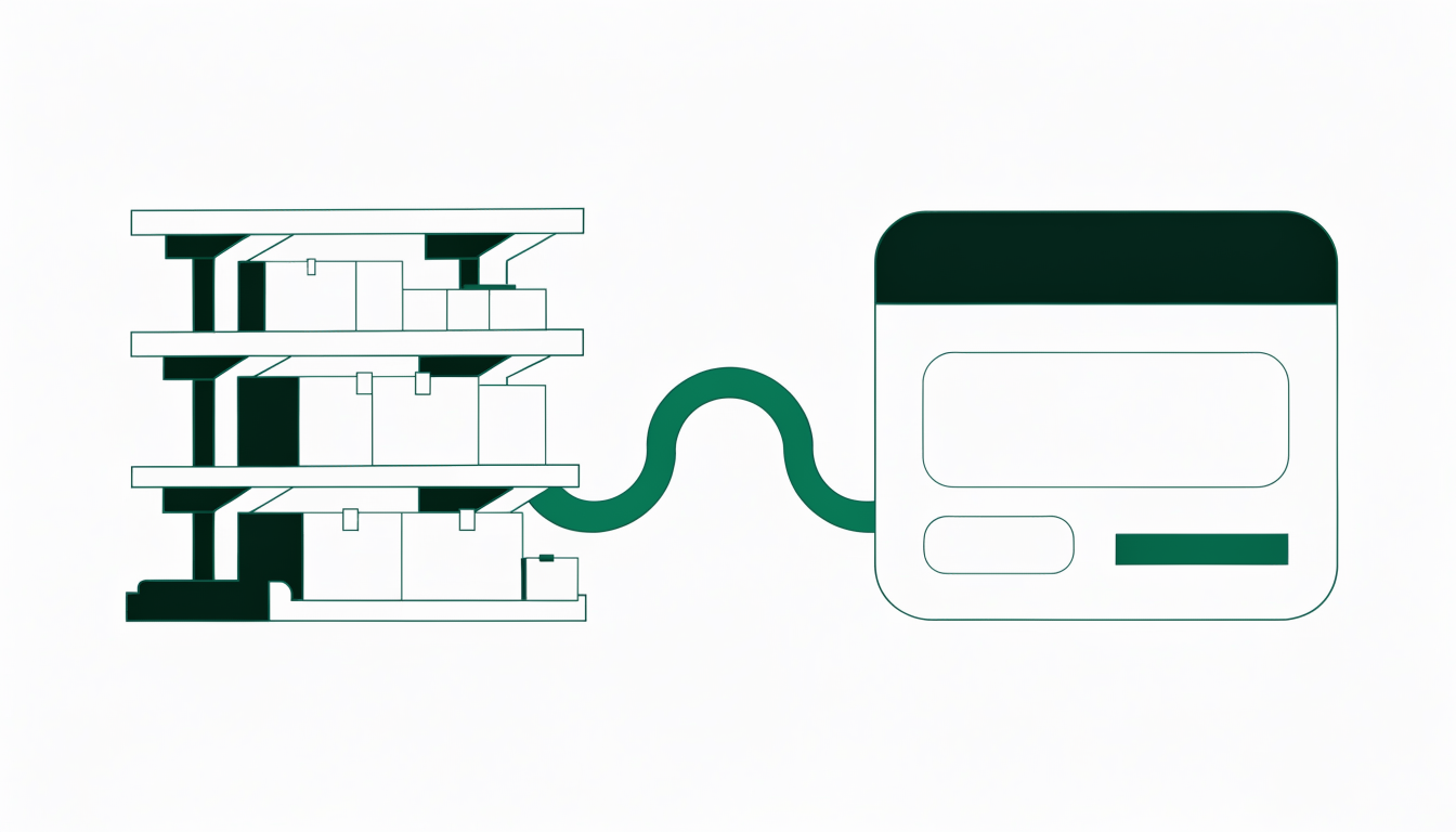 Illustration of wholesale stock in a warehouse rack connected by a single pipeline to a Shopify analytics dashboard