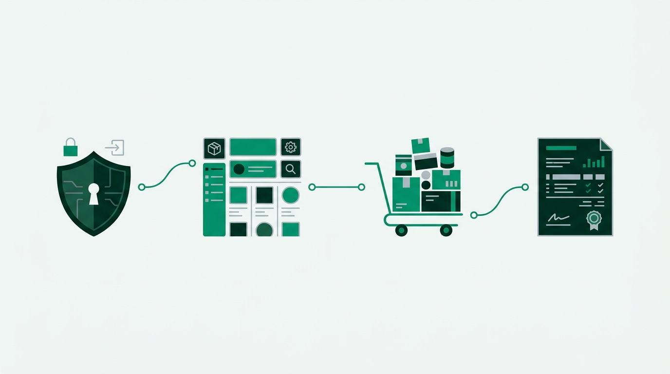 Distributor B2B ordering workflow: gated login, buyer-specific catalog, bulk order cart, and net terms invoice