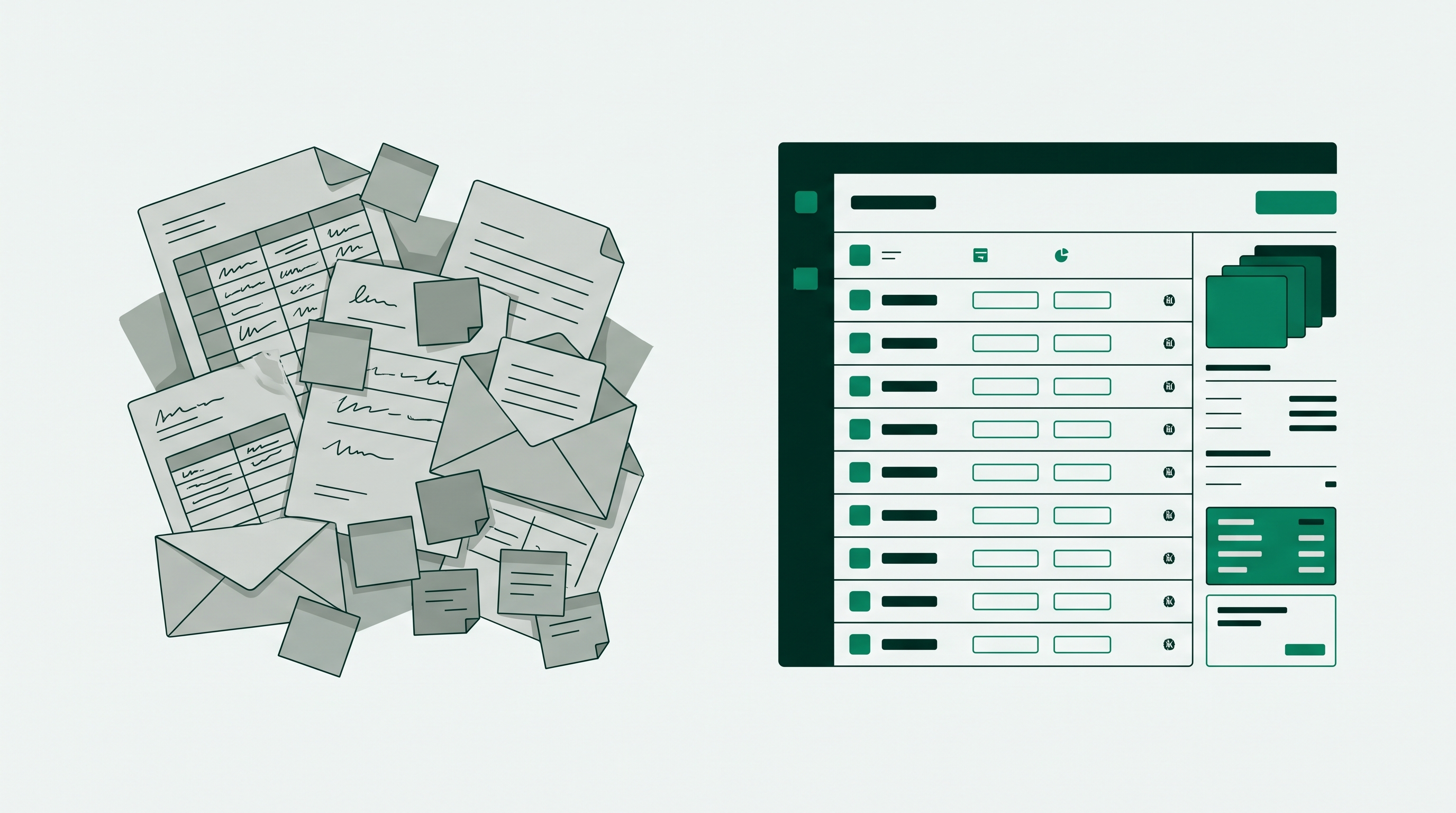 Manual wholesale ordering by spreadsheet and email compared with an organized B2B sales portal interface