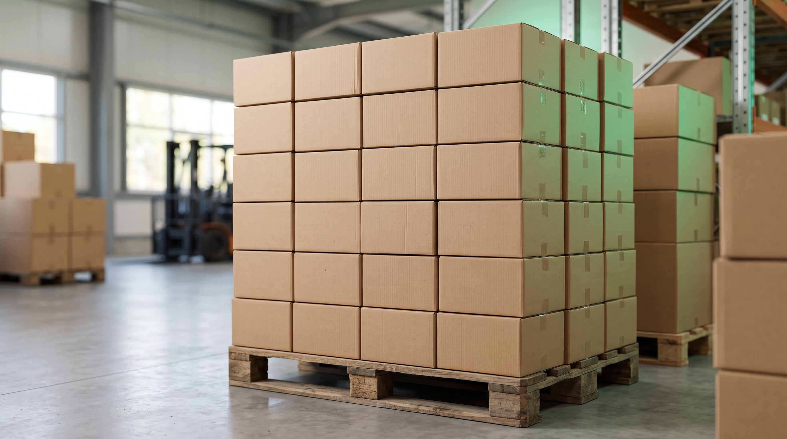Case packs stacked on a pallet, showing case pack and minimum order quantity ordering for manufacturers