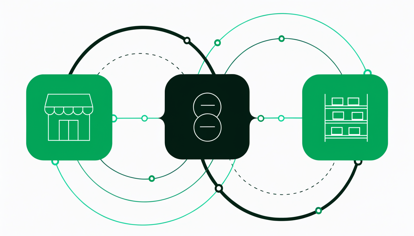 Diagram of a B2B ecommerce solution exchanging data with accounting and warehouse systems