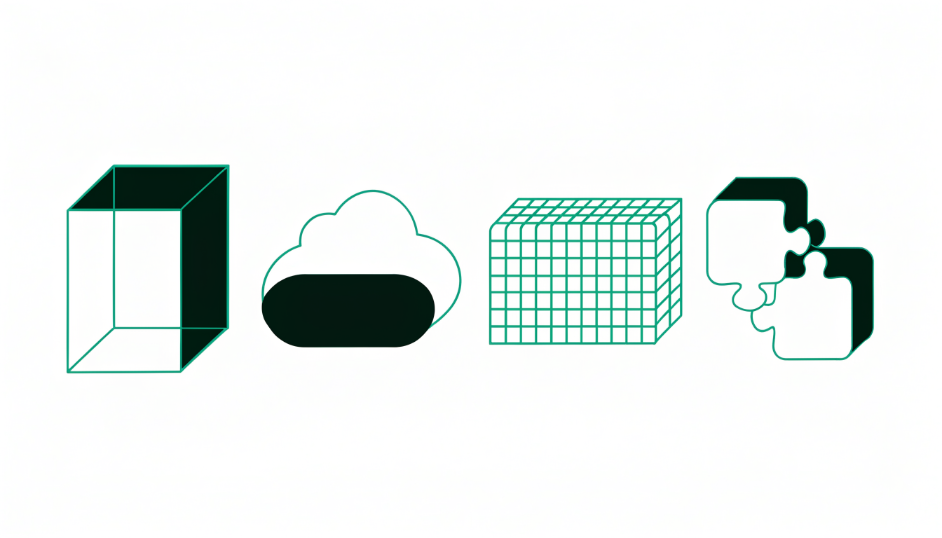 Four types of B2B ecommerce platform shown as abstract shapes: enterprise monolith, mid-market SaaS, marketplace grid, and a modular app layer