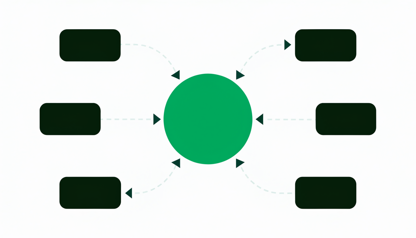 Hub and spoke B2B ecommerce integration architecture with a central storefront connected to six business systems