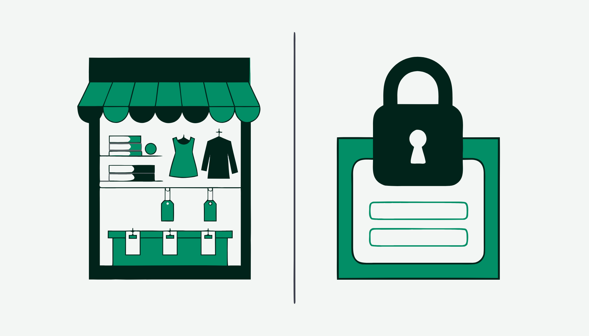 Diagram comparing a public retail storefront with visible prices to a gated B2B ecommerce portal behind a login