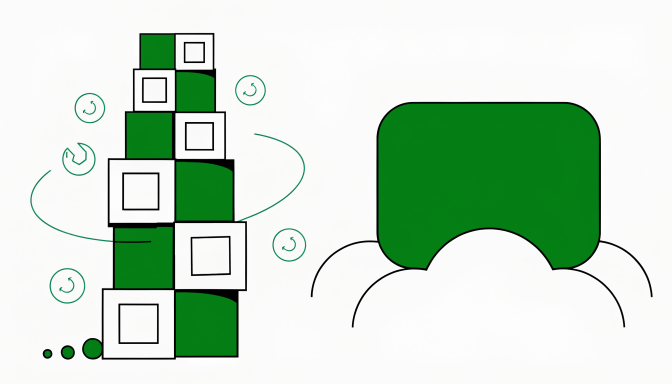 Illustration contrasting a wobbling tower of separate plugin modules with a single hosted app panel