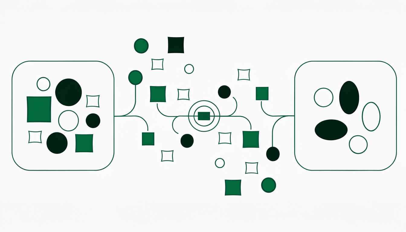 Illustration of products, customers and order records flowing along a pipeline from one ecommerce platform container to another