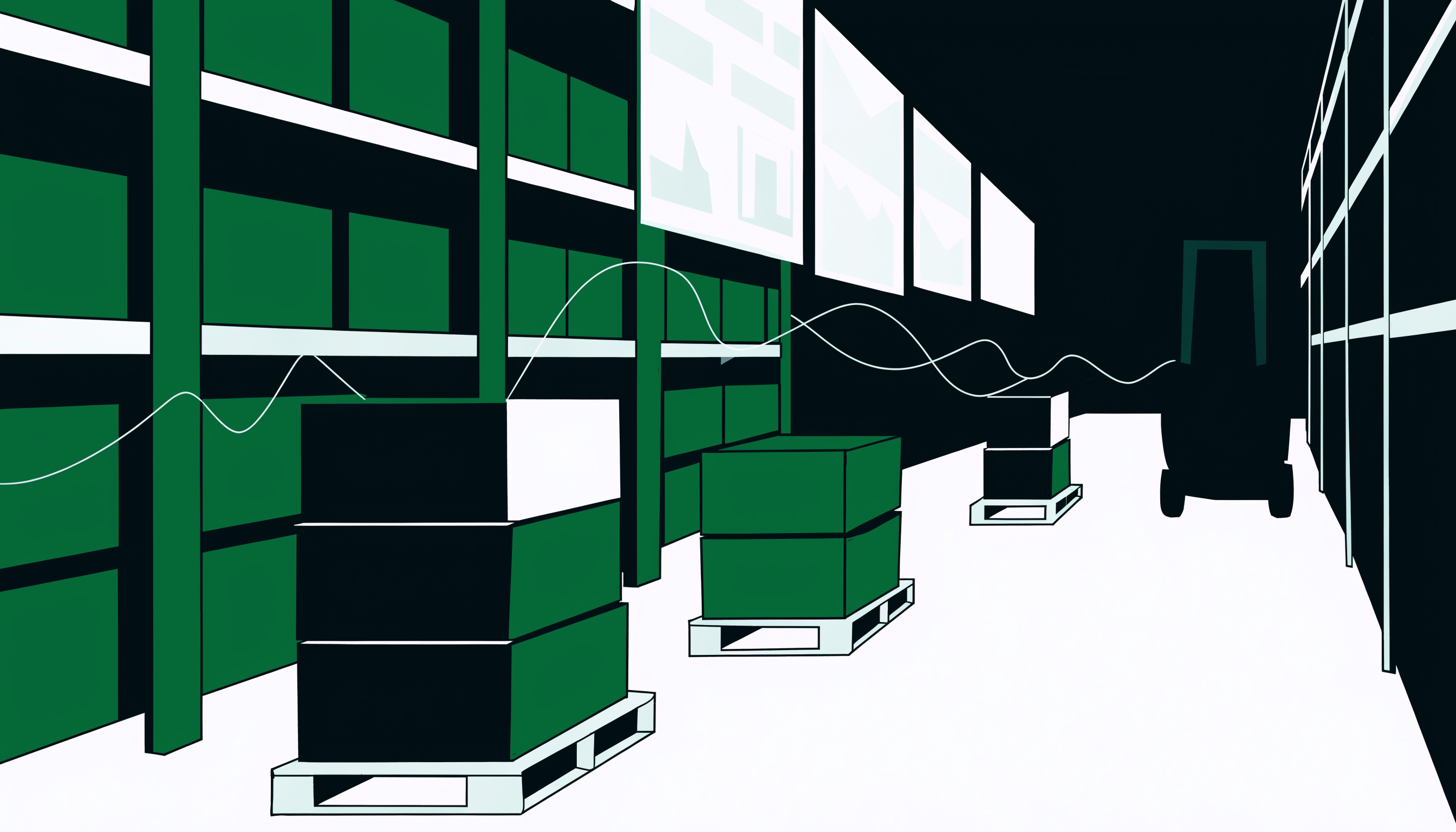 Wholesale warehouse aisle with pallets and inventory data overlays illustrating distributor order volumes