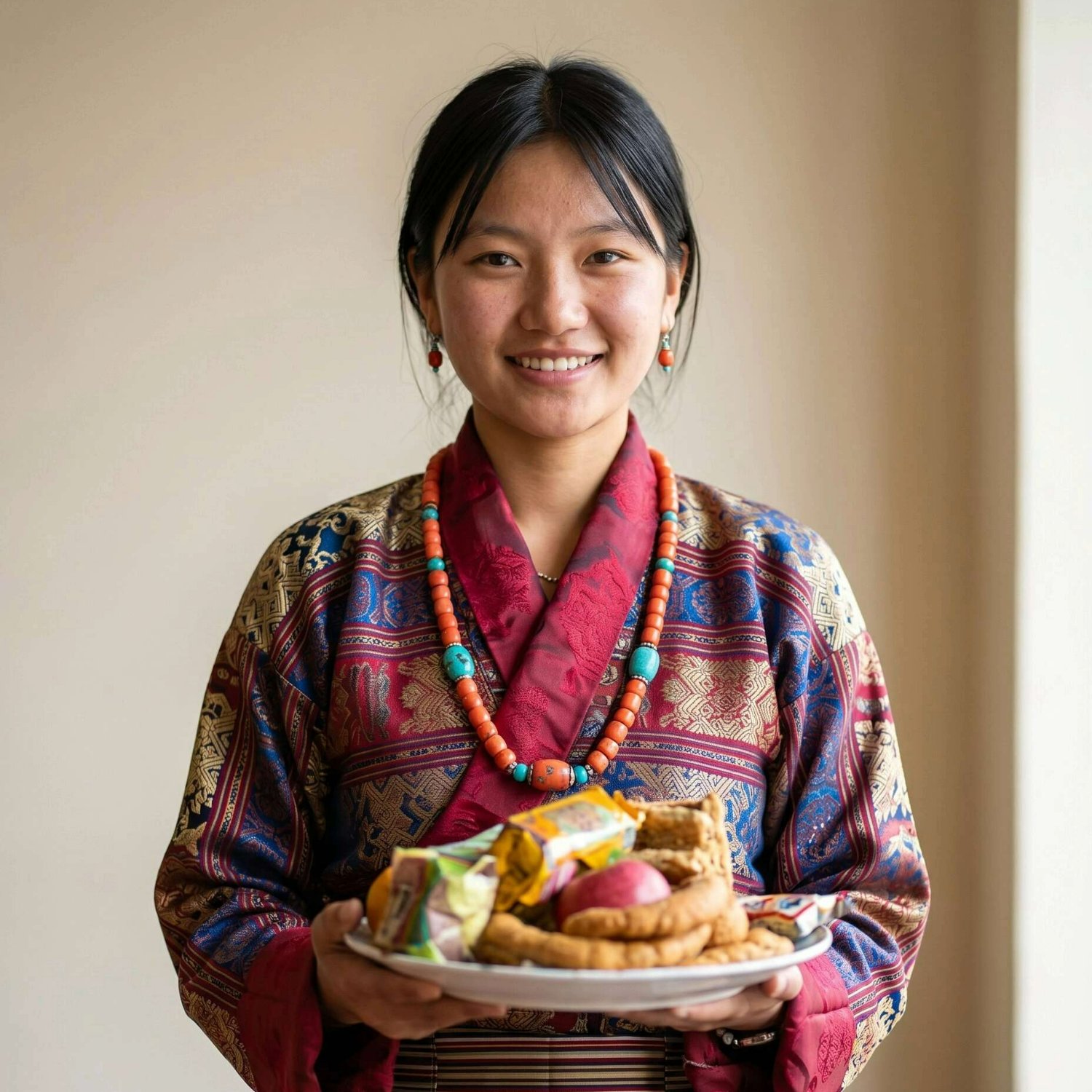 Smiling woman in traditional colorful attire and beaded jewelry holding a plate with various snacks and fruit.