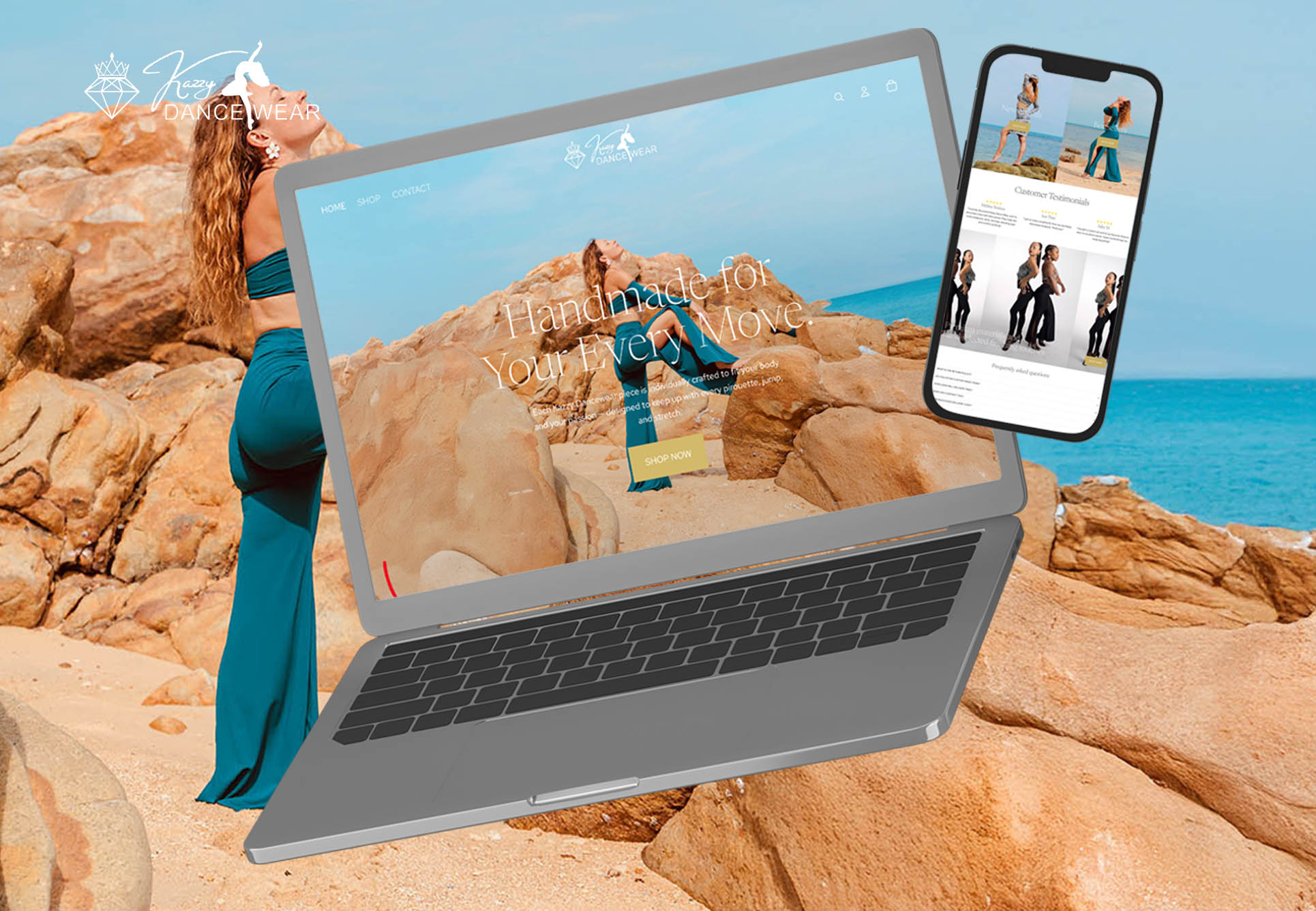 Kazzy Dancewear Shopify store displayed on laptop and mobile, highlighting the new ecommerce redesign with improved visuals, lifestyle photography, and enhanced shopping experience.
