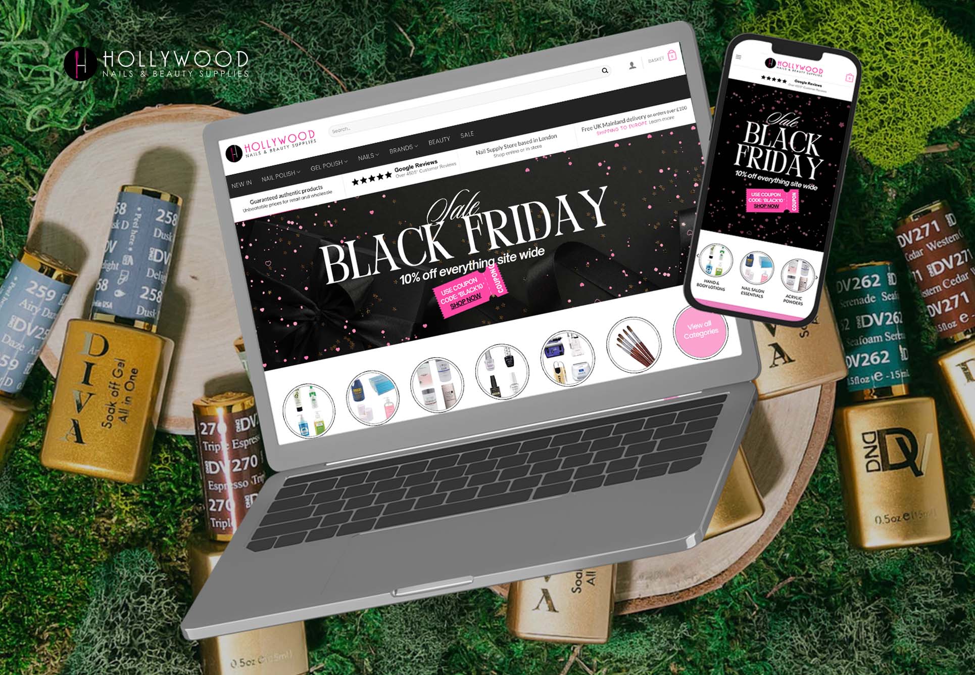 Hollywood Nails & Beauty Supplies website shown on laptop and mobile, featuring Black Friday campaign design, improved ecommerce layout, and enhanced brand visuals.