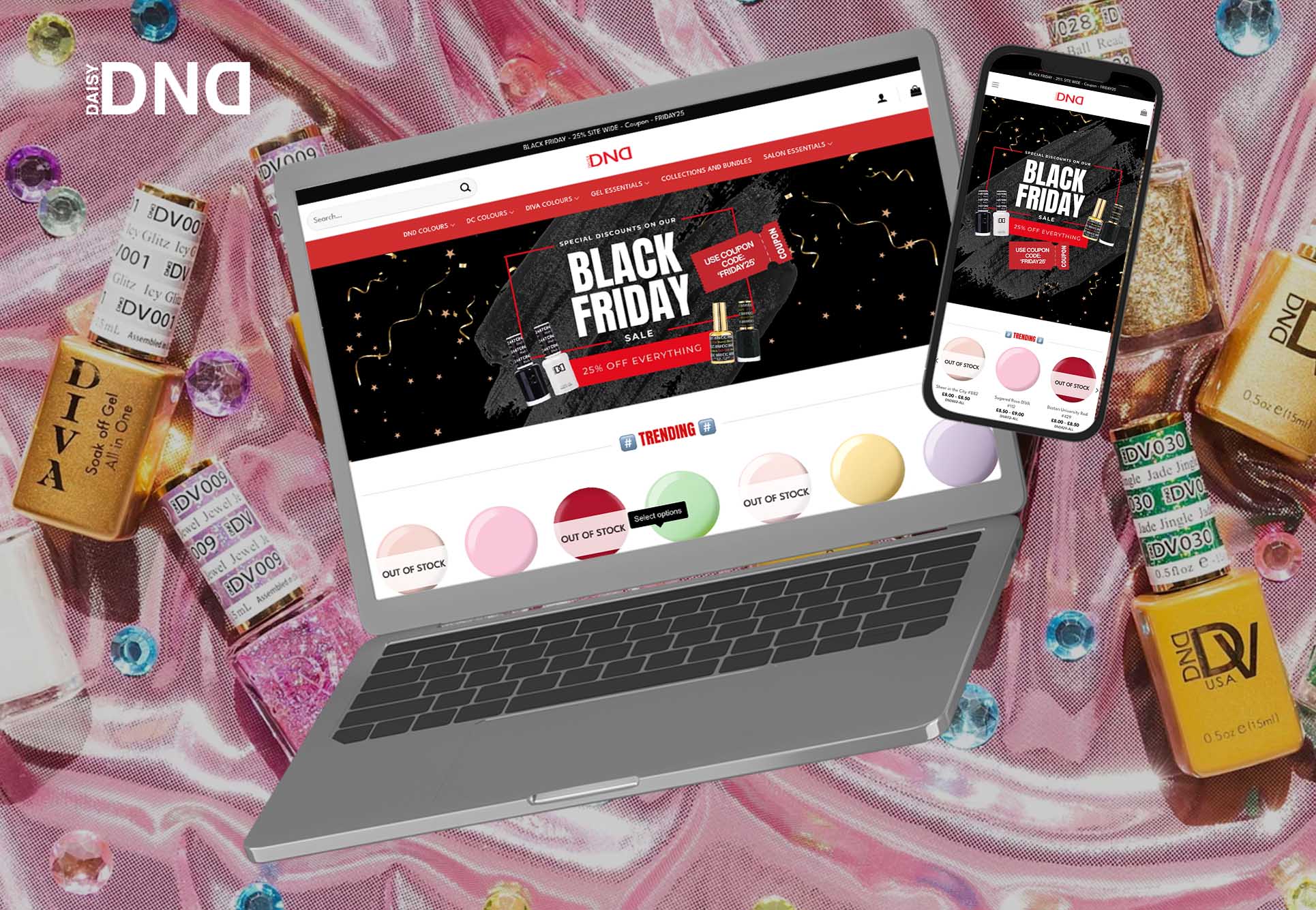 “DND nail brand website shown on laptop and mobile, highlighting modern ecommerce redesign, promotional Black Friday visuals, and improved product presentation.