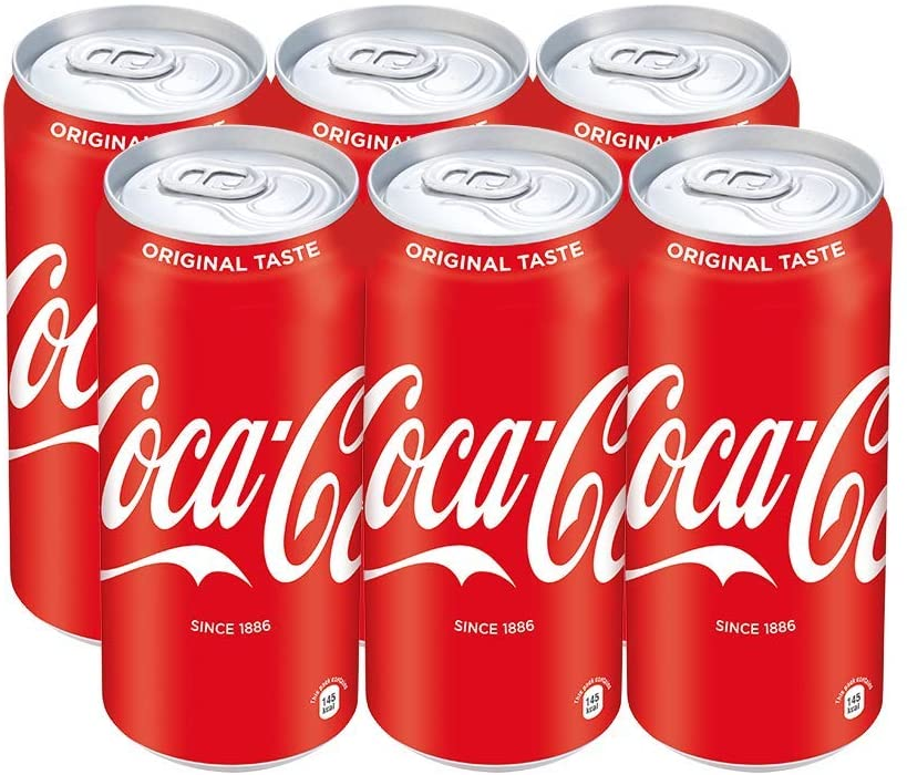 Six-pack of Coca-Cola cans showing consistent use of red color and branding to reinforce identity