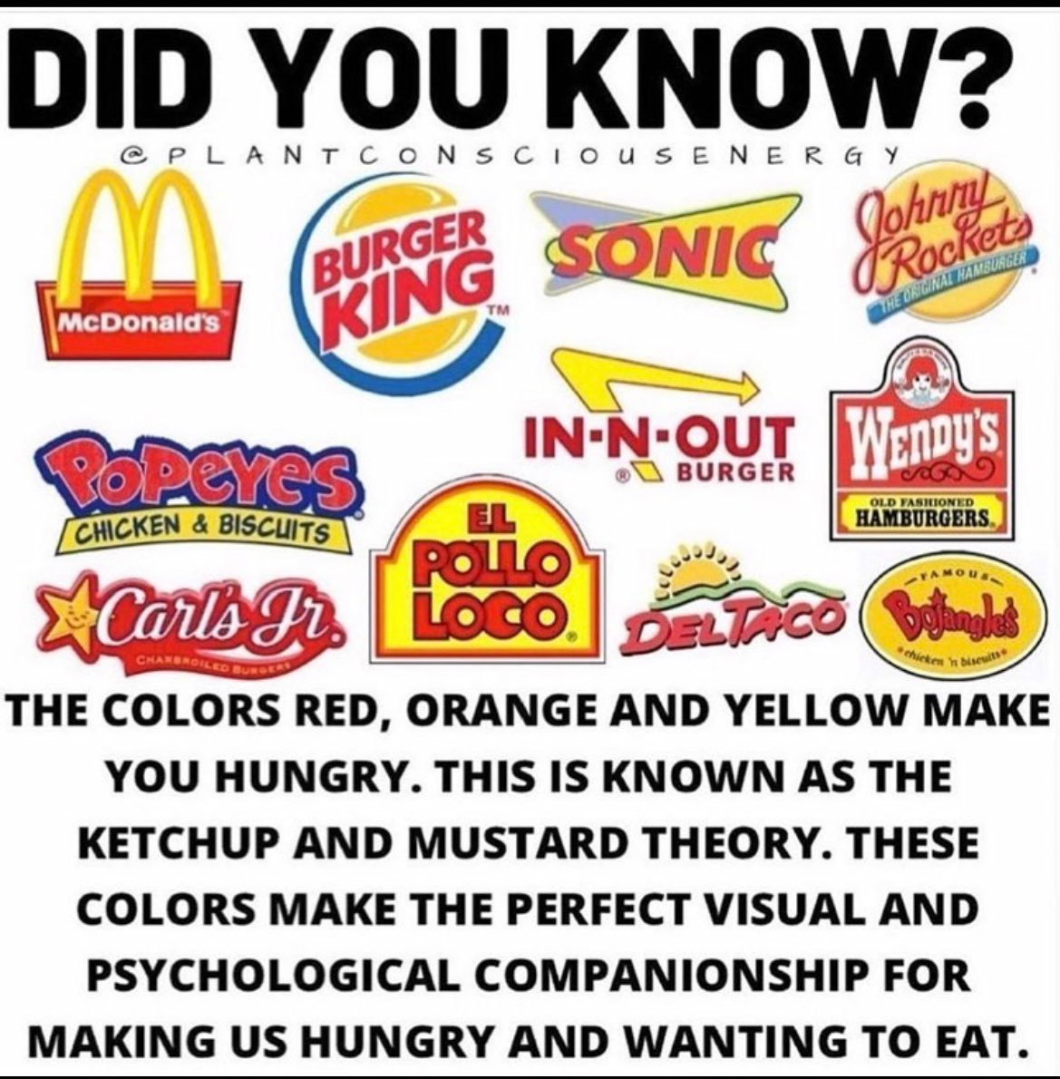 Fast-food logos use red, orange, and yellow to stimulate hunger, an example of the ketchup and mustard theory in color psychology