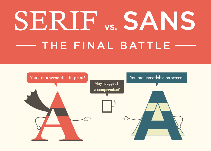 A comic-style illustration highlighting the readability debate between serif and sans-serif fonts in print and on screen