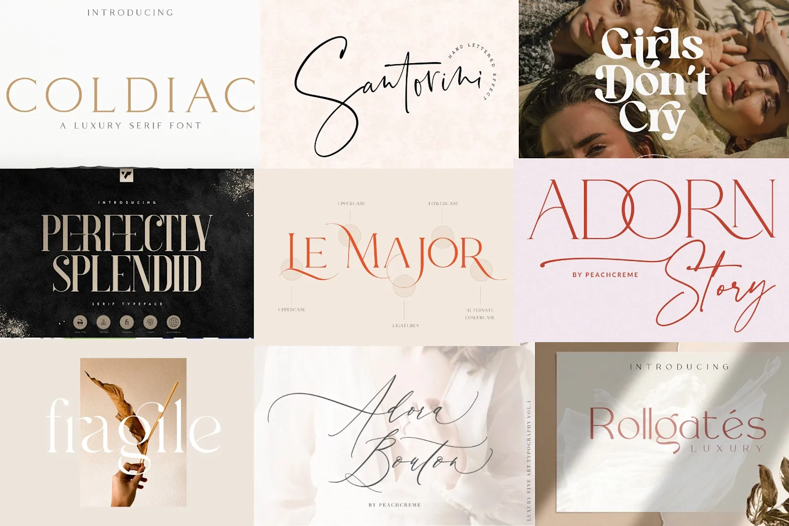 Examples of luxury and elegant script and serif fonts used in graphic design for branding
