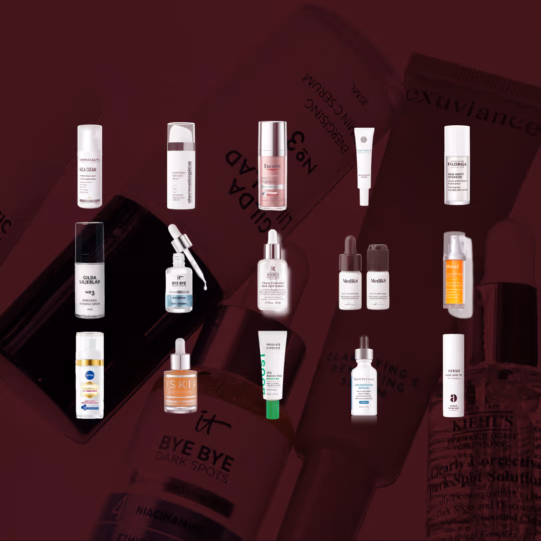 Alla testade produkter i vårt stora test av hyperpigmenteringar, uppställda mot en mörkröd bakgrund. Produkterna inkluderar serum, krämer och boosters från märken som Paula’s Choice, Dermaceutic, Dermalogica, Eucerin, Gilda Liljeblad, Filorga, Exuviance, Nivea, Kiehl’s, Medik8, Murad, Oskia, IT Cosmetics, SkinCeuticals och Verso. Förpackningarna varierar i färg och form och är placerade i rader.