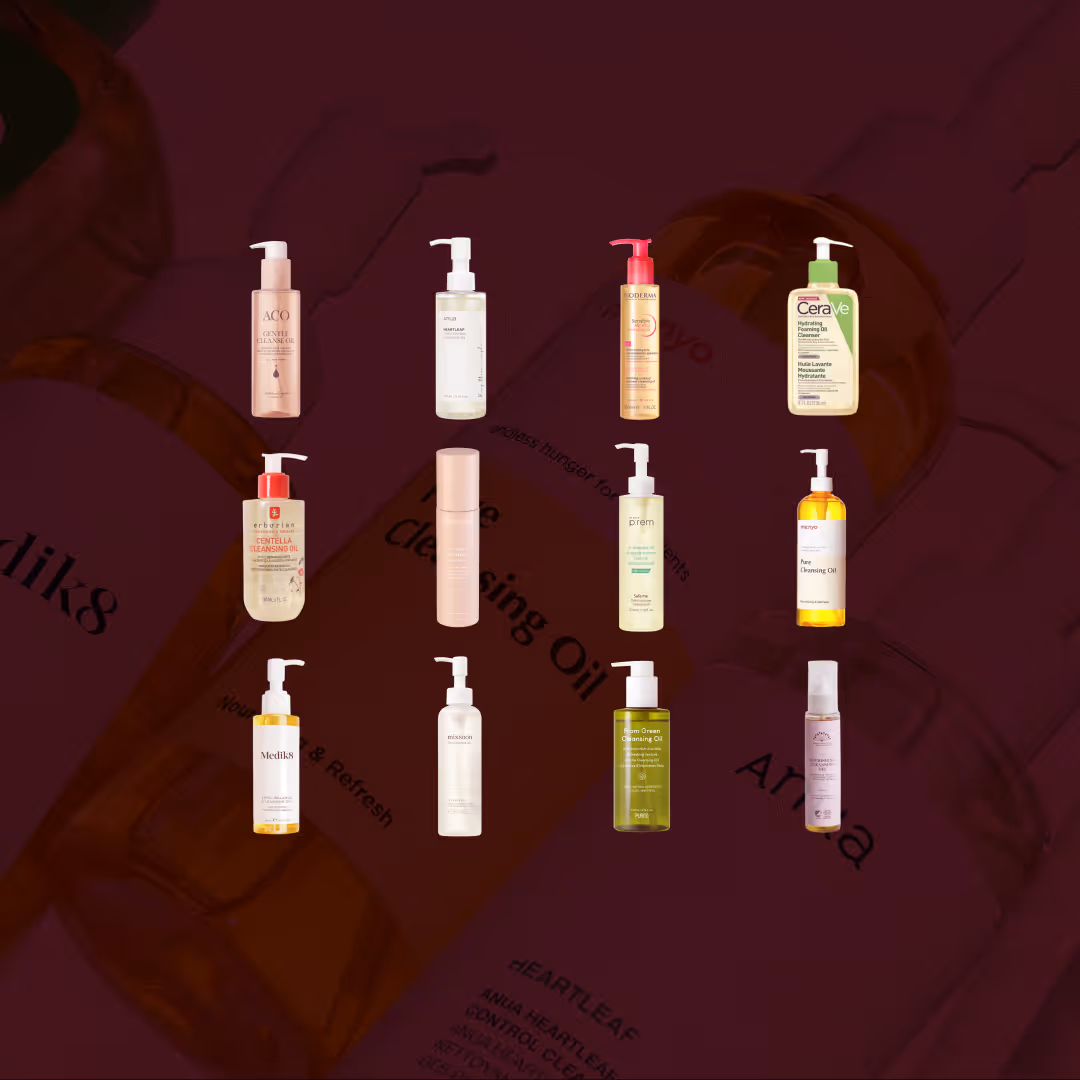 Bilden visar elva olika flaskor med oljerengöring från olika märken, uppradade mot en mörkröd bakgrund. Flaskorna varierar i färg och form. Ovanför produkterna står texten: "Alla testade produkter i vårt stora test av Oljerengöring".