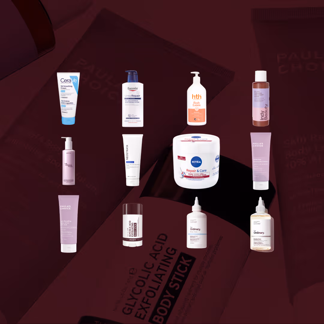 Alla testade produkter i vårt stora test av Keratosis Pilaris-behandling, uppställda mot en mörkröd bakgrund. Produkterna inkluderar bland annat CeraVe SA Smoothing Cream, Eucerin Urea Repair, hth Body Lotion, Indy Beauty AHA Face & Body Serum, Mantle The Miracle Fluid, Nivea Repair & Care, Paula’s Choice Skin Revealing Body Lotion 10% AHA, Paula’s Choice Smoothing Spot Exfoliant, The Inkey List Glycolic Acid Exfoliating Body Stick samt två produkter från The Ordinary: Body Care och Glycolic Acid 7% Toning Solution.