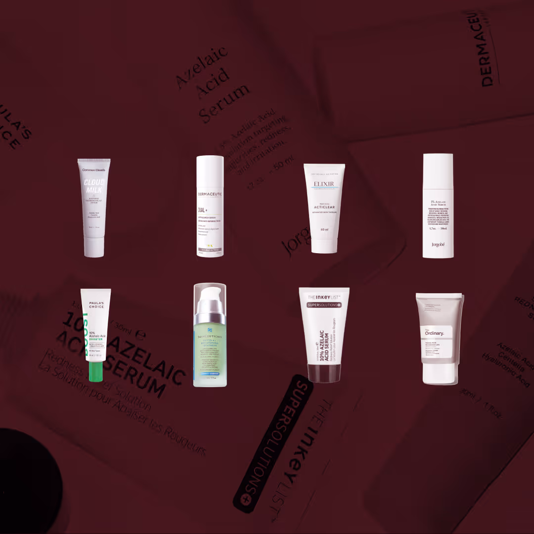 Alla testade produkter i vårt stora test av azelainsyra: Common Clouds Cloud Milk, Dermaceutic Dual+, Elixir Cosmeceuticals Acticlear, Jorgobé 5% Azelaic Acid, Paula’s Choice 10% Azelaic Acid Booster, Skinceuticals Phyto A+ Brightening Treatment, The Inkey List Supersolutions 10% Azelaic Acid Serum och The Ordinary Azelaic Acid Suspension 10%, uppställda mot en mörkröd bakgrund.