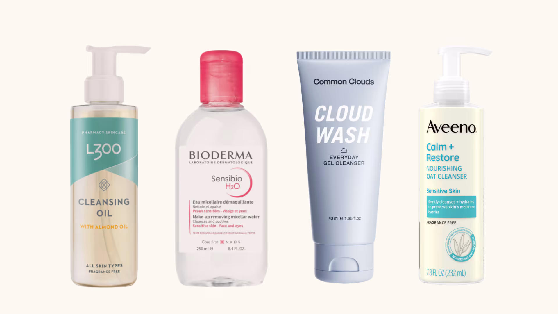 Ett kollage med fyra rengöringar för ansiktet som alla är både billiga och prisvärda, produkterna syns med etiketten utåt: L300 Cleansing Oil, Bioderma Sensibio H2o, Common Clouds Cloud Wash och Aveeno Calm + Restore Oat Cleanser