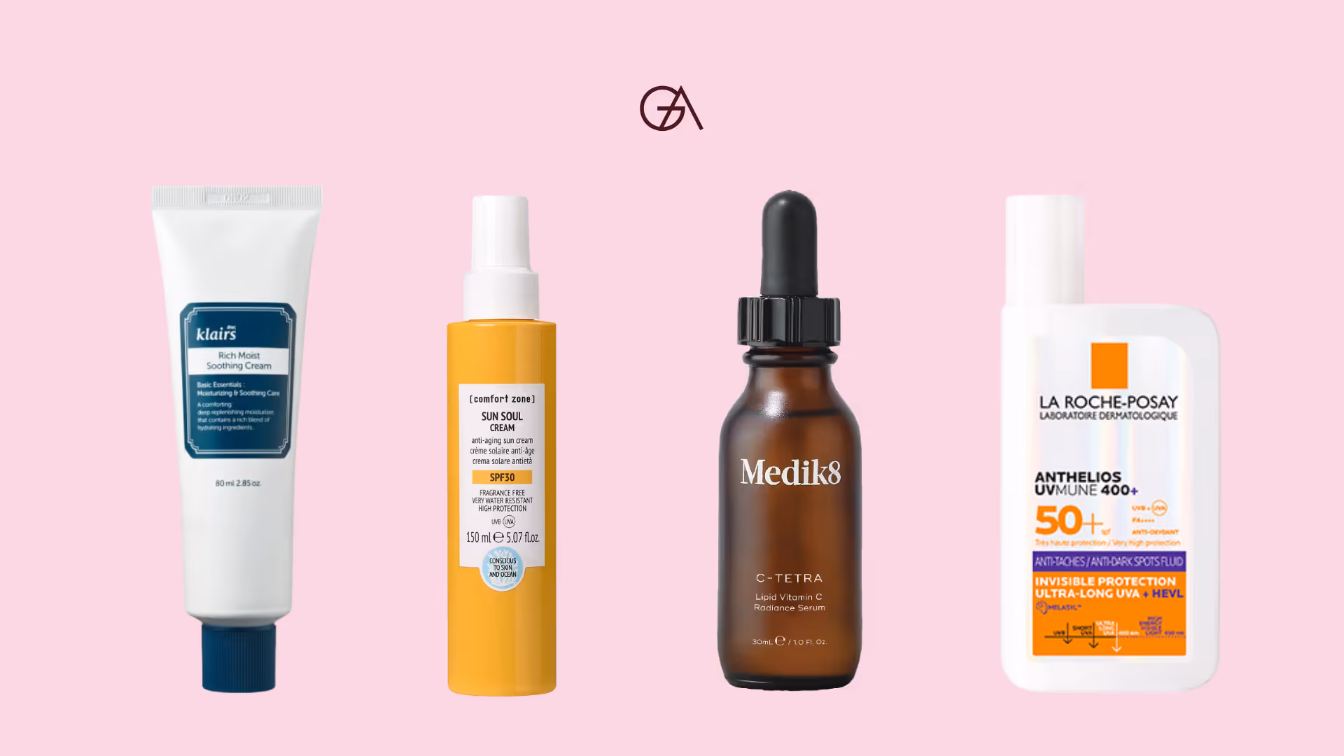 Kollage med produkter inom hudvård som rekommenderas för gravida: Klairs, Comfort Zone, Medik8 och La Roche-Posay har alla produkter representerade